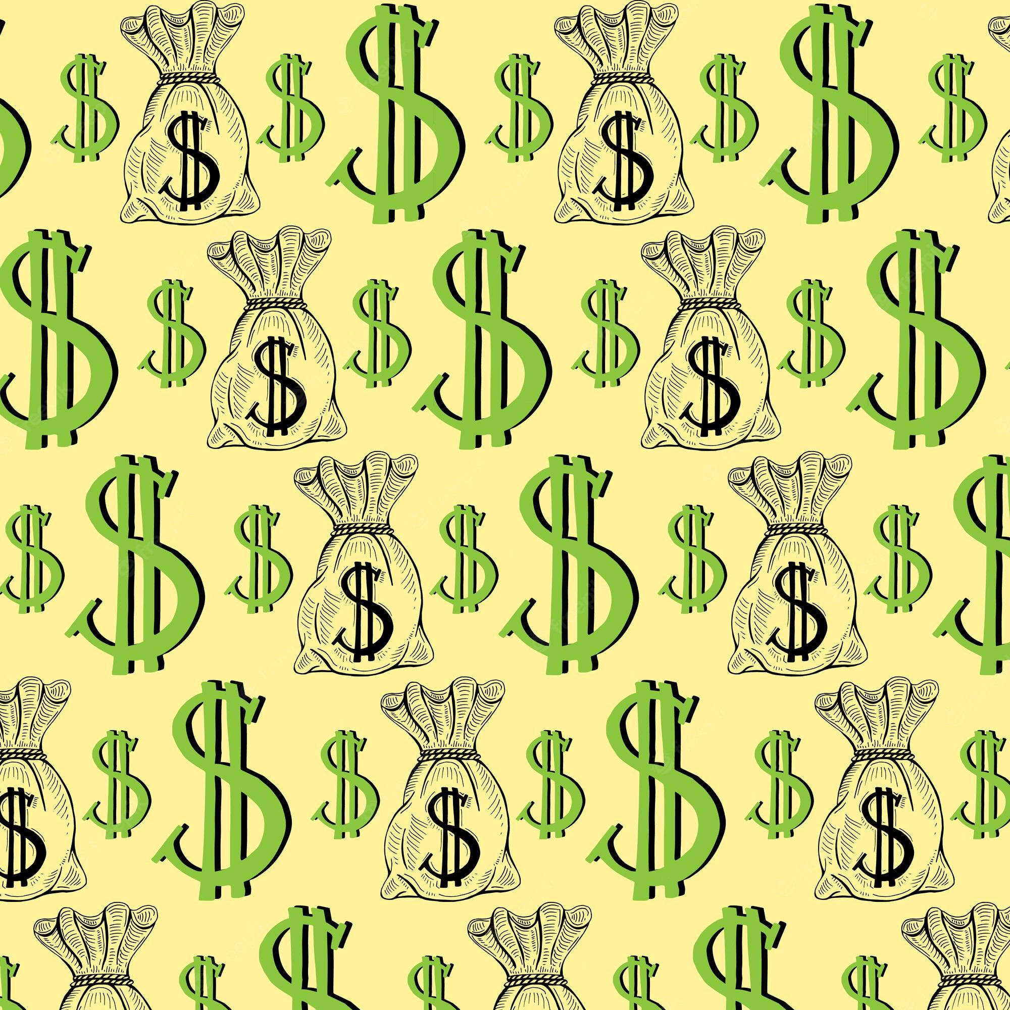 Money Sign 桌布 壁紙 — 在淡黃色背景上重複的綠色美元符號和插圖錢袋圖案。