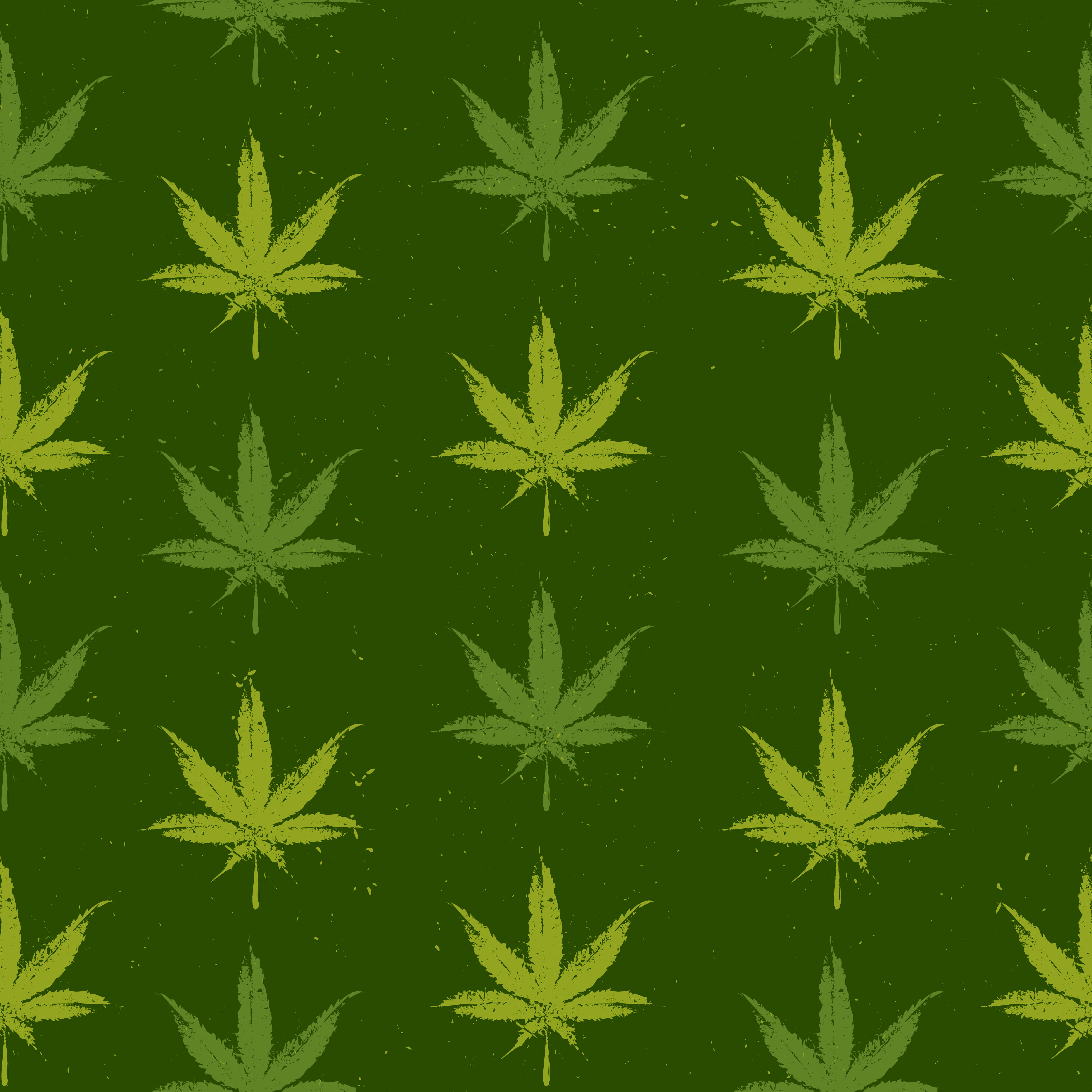 Marijuana Leaf 桌布 壁紙 — 在深橄欖色背景上重複的萊姆綠色破損大麻葉圖案。