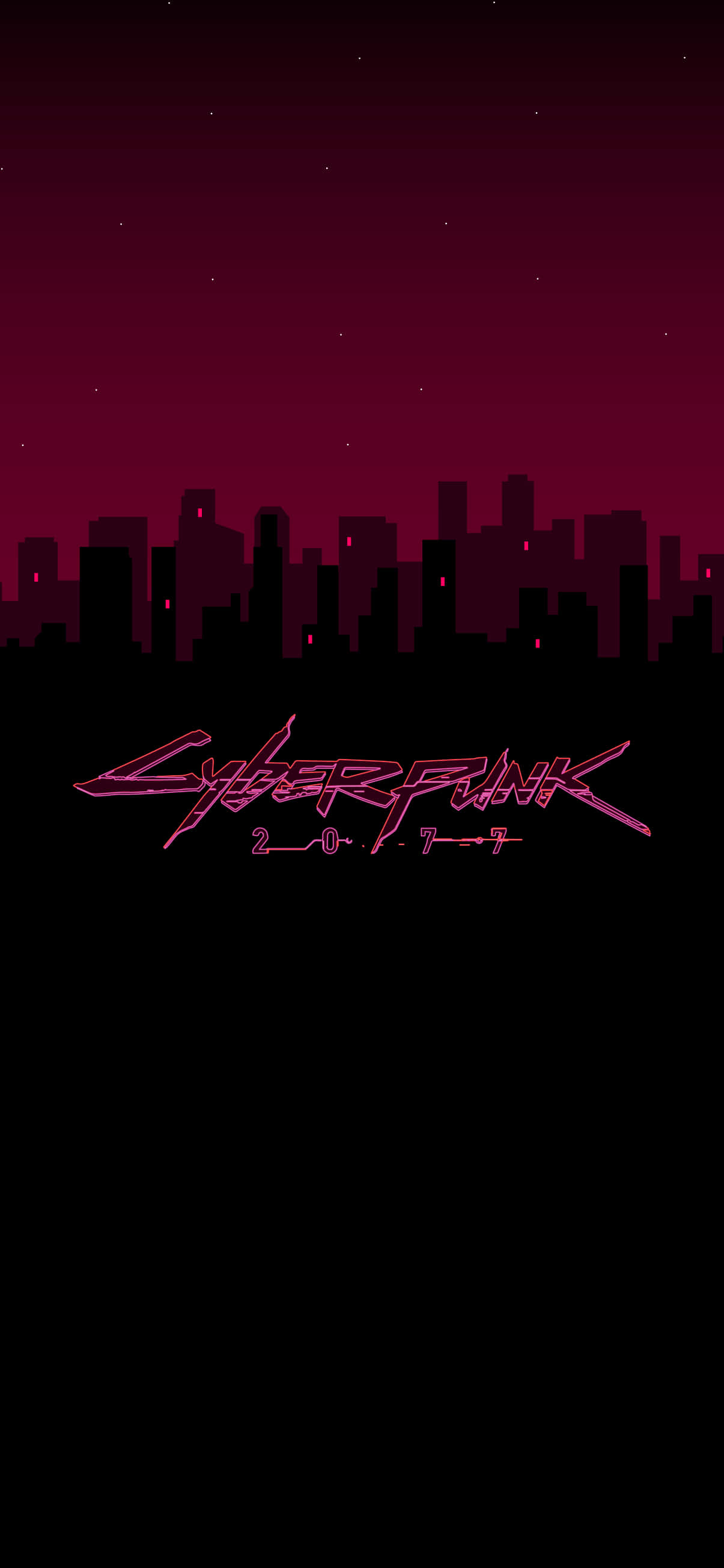 Pixel 3 Cyberpunk 2077 桌布 壁紙 — 在深洋紅色夜空襯托下的螢光粉紅色 cyberpunk 城市天際線剪影，帶有發光的窗戶和下方的遊戲標題。