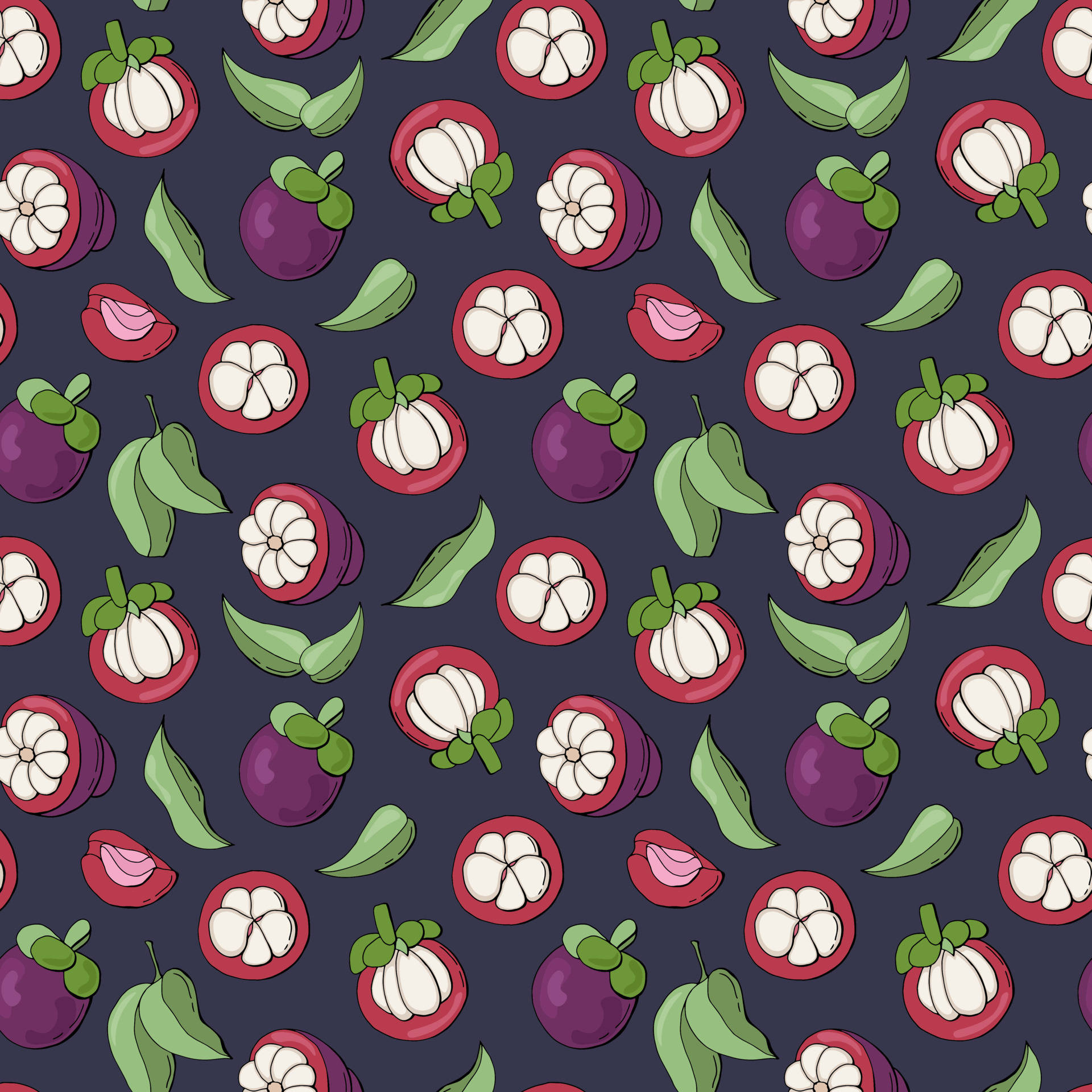 Fruit 桌布 壁紙 — 在深海軍藍背景上，切片山竹和完整水果配綠葉的鮮豔圖案。