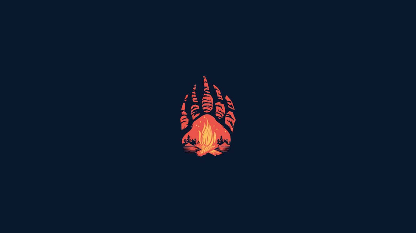 1366x768 Minimalist 桌布 壁紙 — 在深海軍藍背景上，熊掌輪廓內的一個風格化橙色營火。