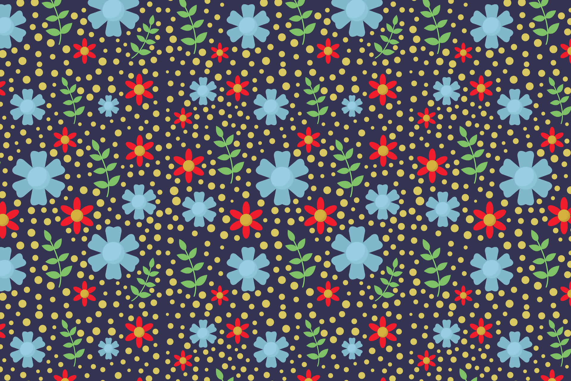 Flower pattern 壁紙 — 在深海軍藍背景上，紅色和淺藍色風格化花朵、綠色莖和黃色點的鮮豔圖案。