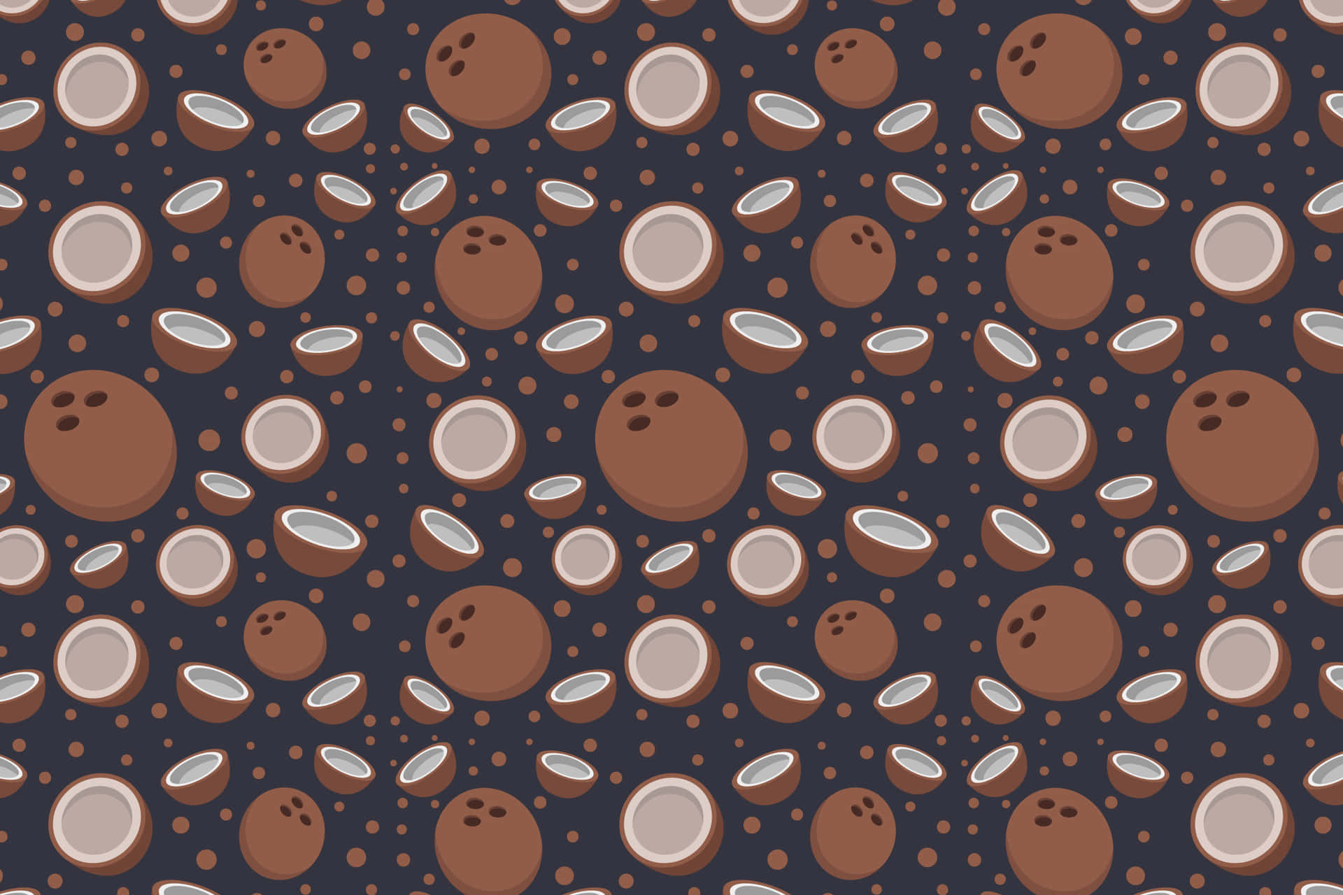 Coconut pattern 壁紙 — 在深海軍藍背景上重複的卡通保齡球和裂開椰子圖案，帶有小棕色圓點。