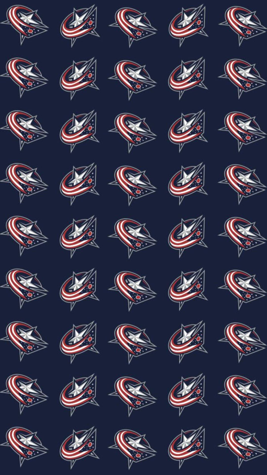 Columbus Blue Jackets 桌布 壁紙 — 在深海軍藍背景上重複的哥倫布藍夾克標誌圖案，帶有紅色、白色和銀色點綴。