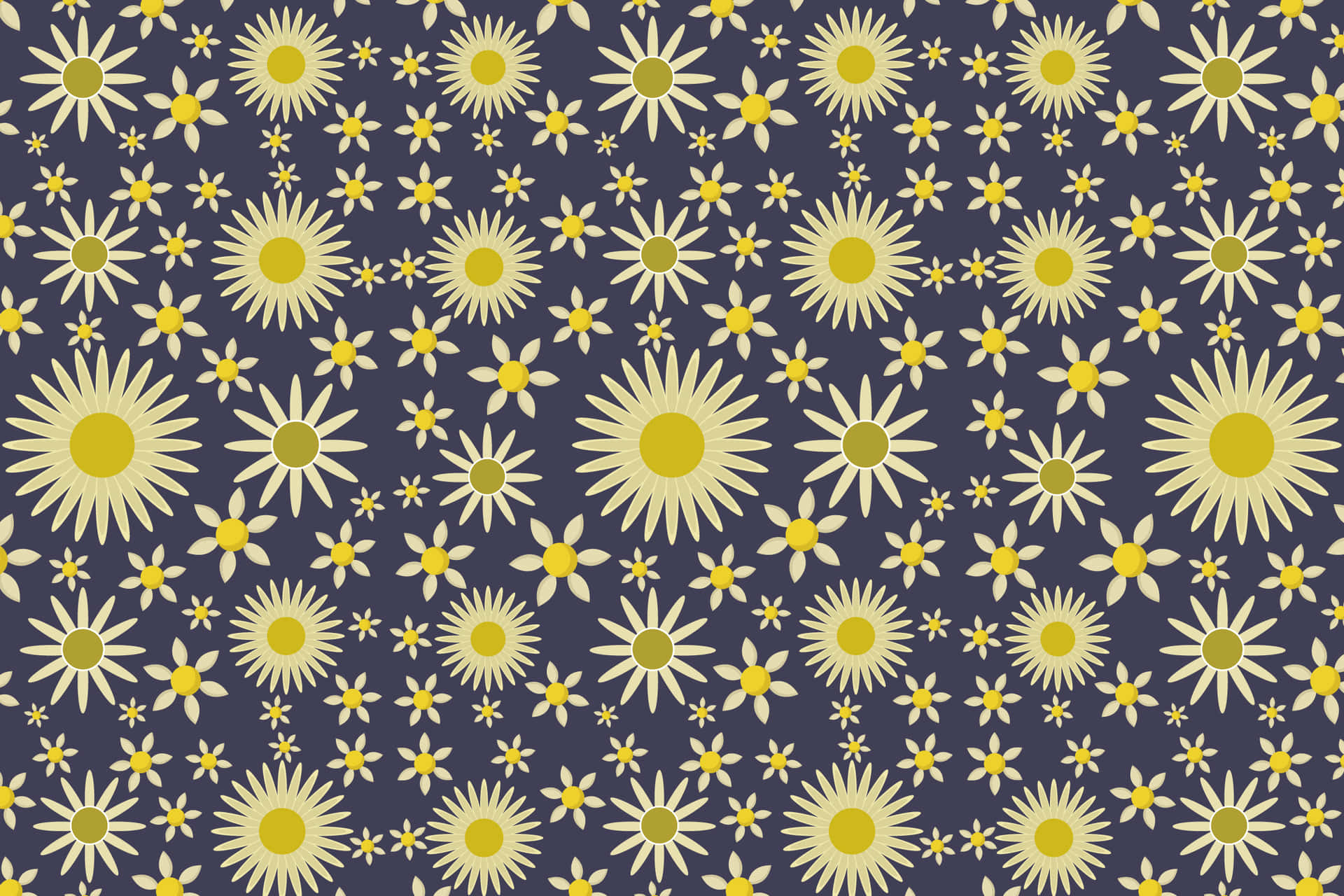Flower pattern 壁紙 — 在深海軍藍背景上重複的奶油色和黃色風格化雛菊圖案。