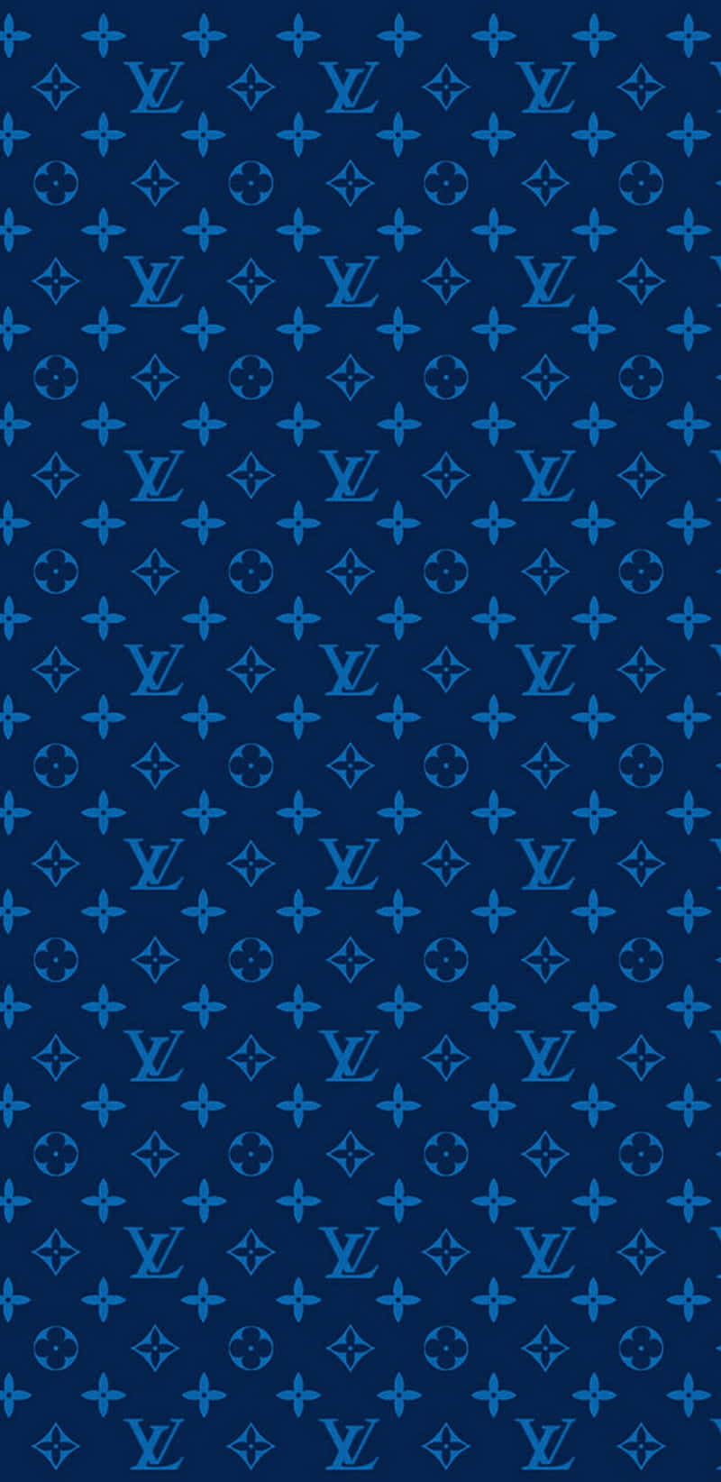 Louis Vuitton Logo 桌布 壁紙 — 在深海軍藍背景上重複的藍色 Louis Vuitton 字母圖案。