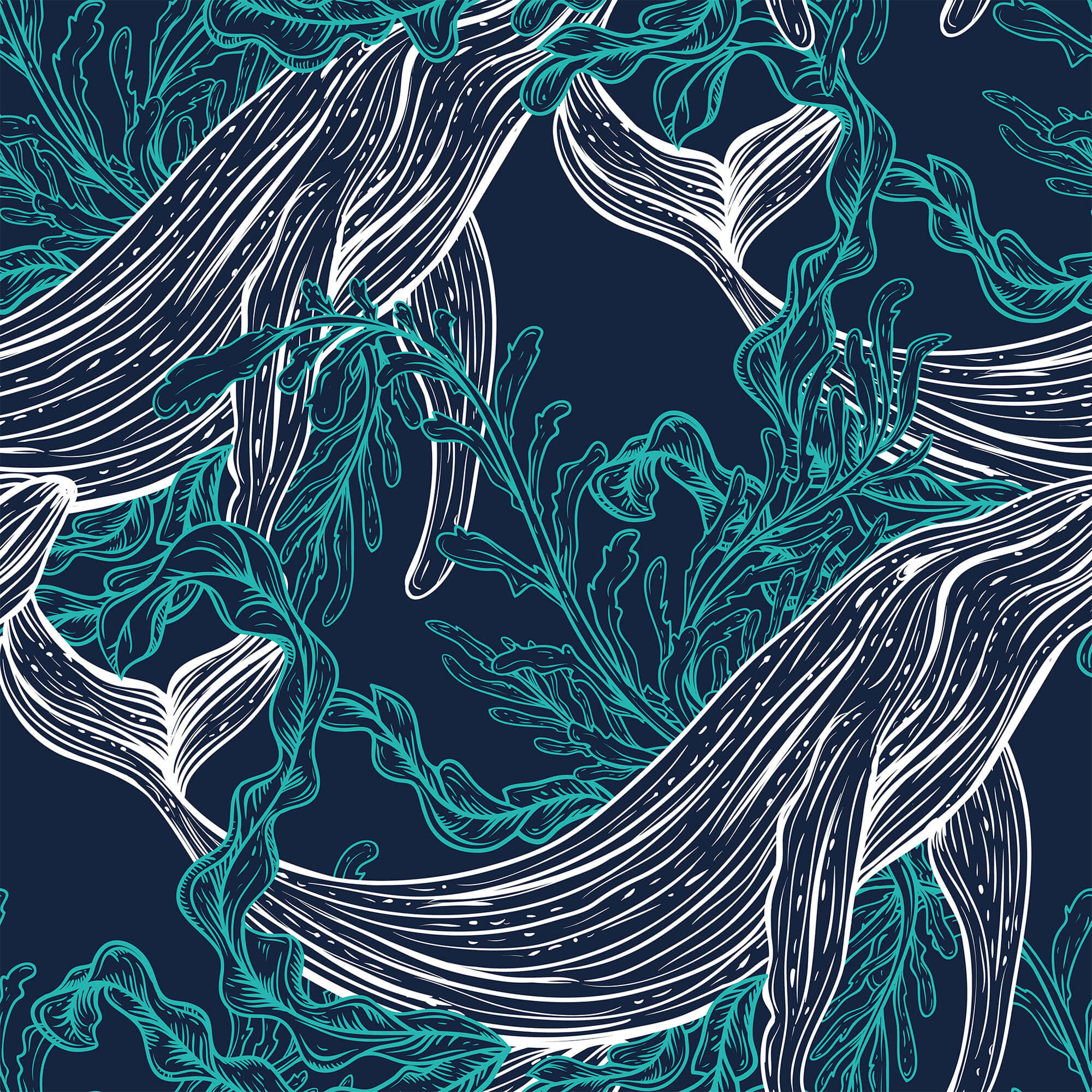 Nautical 桌布 壁紙 — 在深海軍藍背景下，流動的青綠色和白色海藻與珊瑚的複雜圖案。