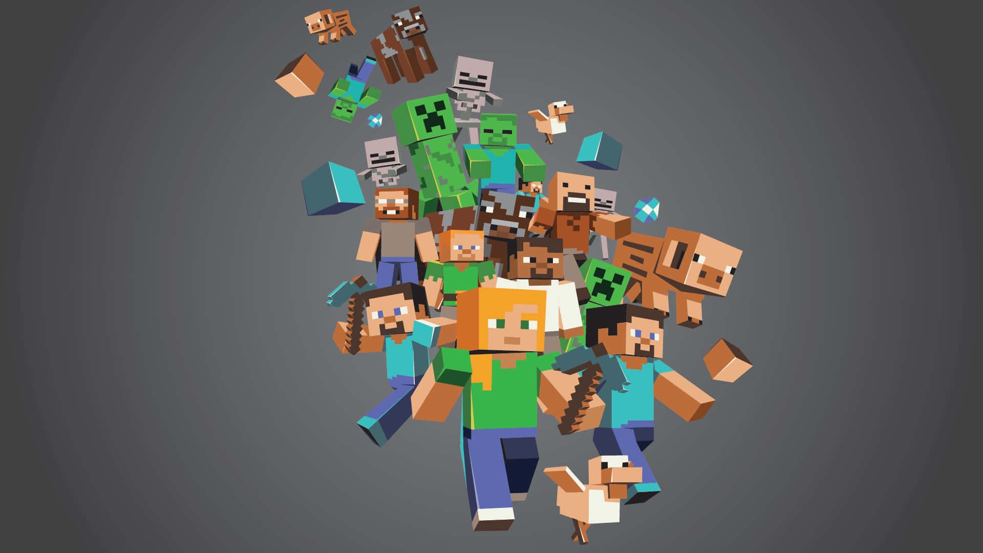 Herobrine 桌布 壁紙 — 在深灰色背景上，Minecraft 角色和生物從中心點爆炸性噴發的動態畫面。