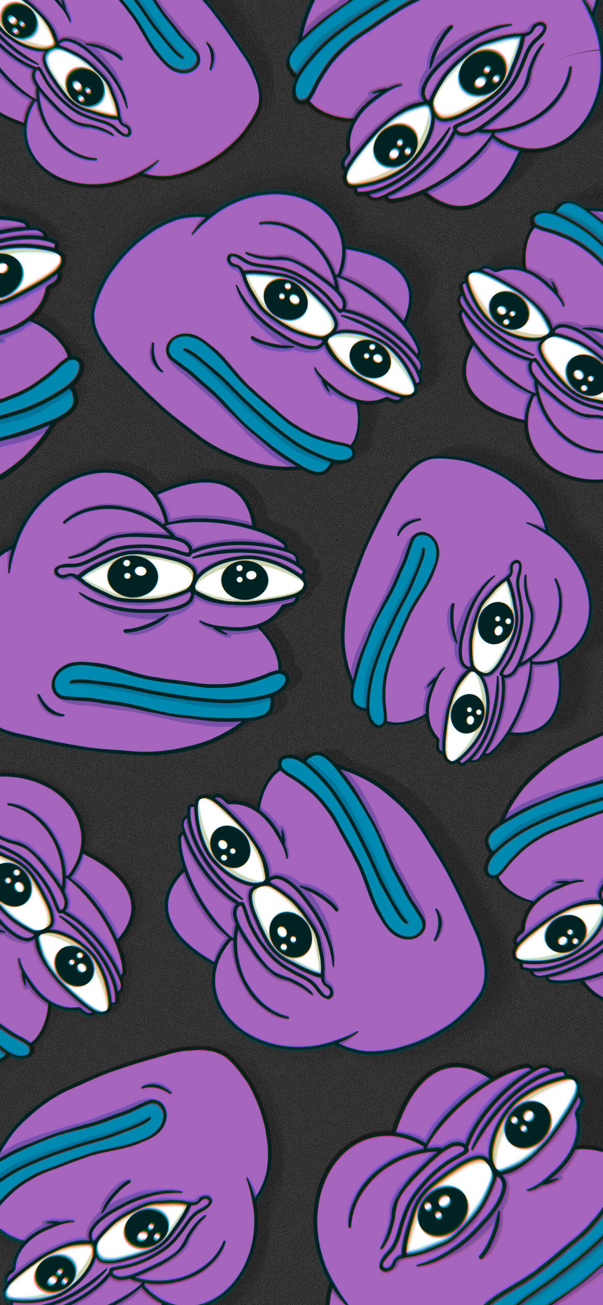 Pepe 桌布 壁紙 — 在深灰色背景上，重複的紫色 Pepe the Frog 面孔圖案，帶有藍色嘴巴和大眼睛。