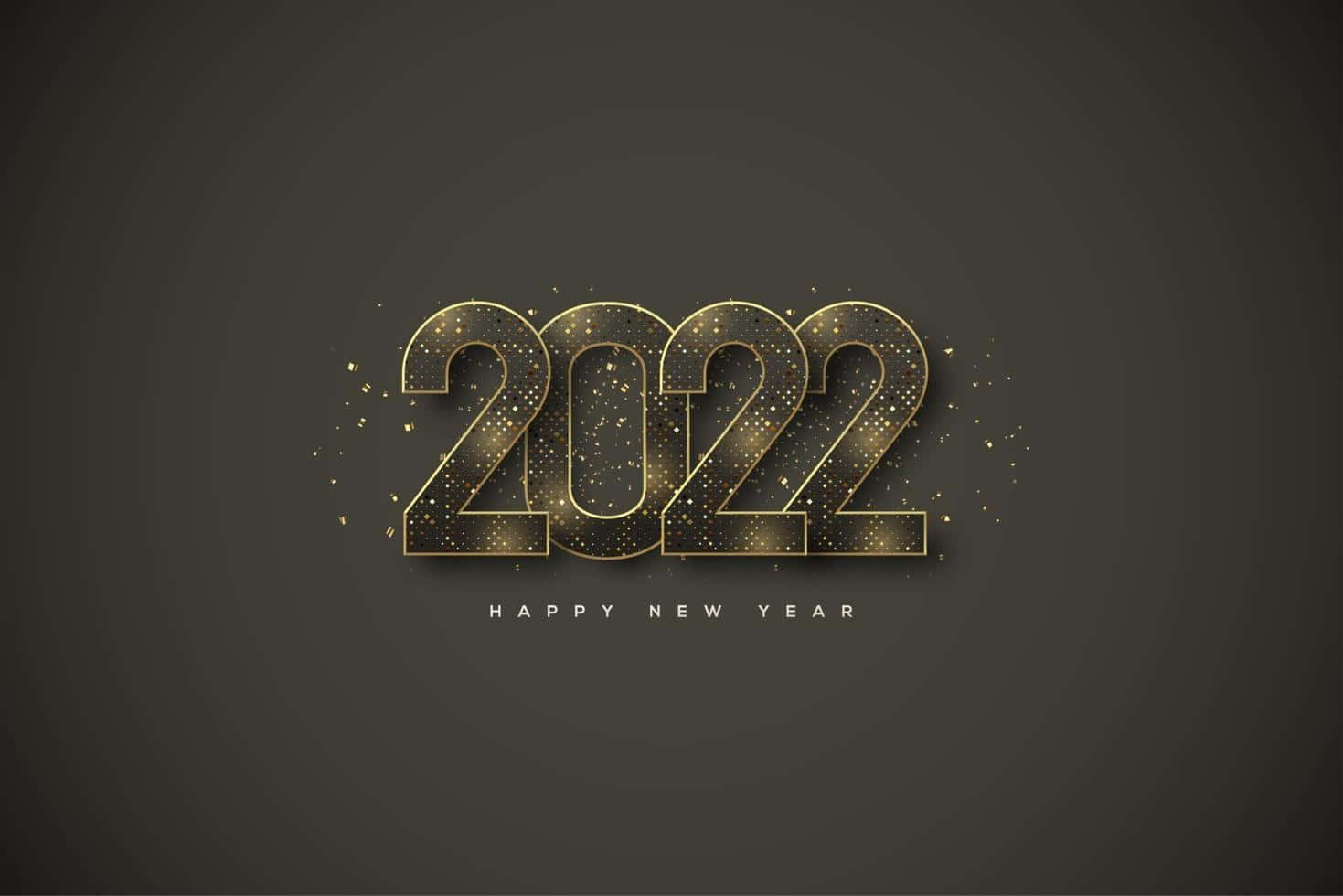 Happy New Year 2022 桌布 壁紙 — 在深灰色背景上慶祝新年的金色閃爍2022文字和閃爍粒子。