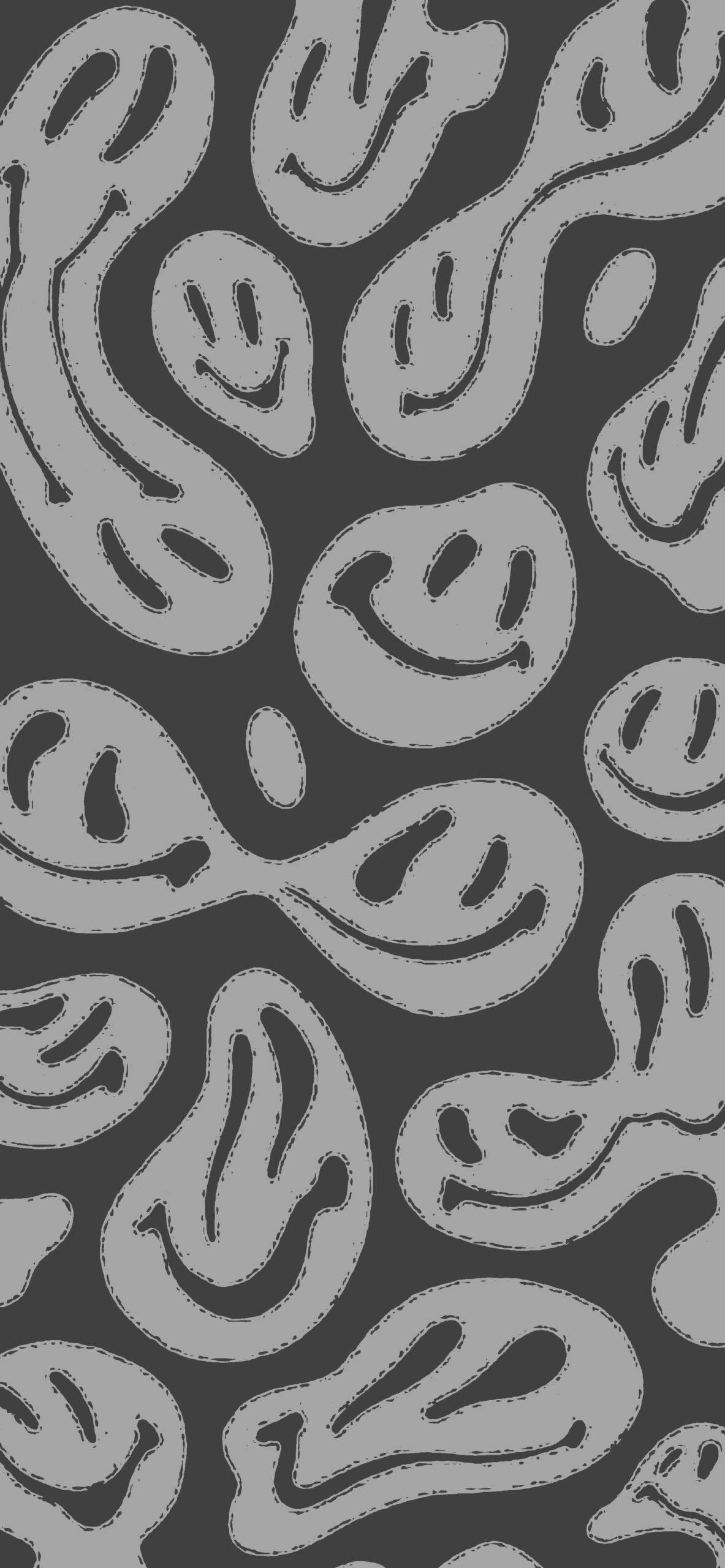 Trippy Aesthetic 桌布 壁紙 — 在深灰色背景上重複出現的灰色色調風格化笑臉圖案。