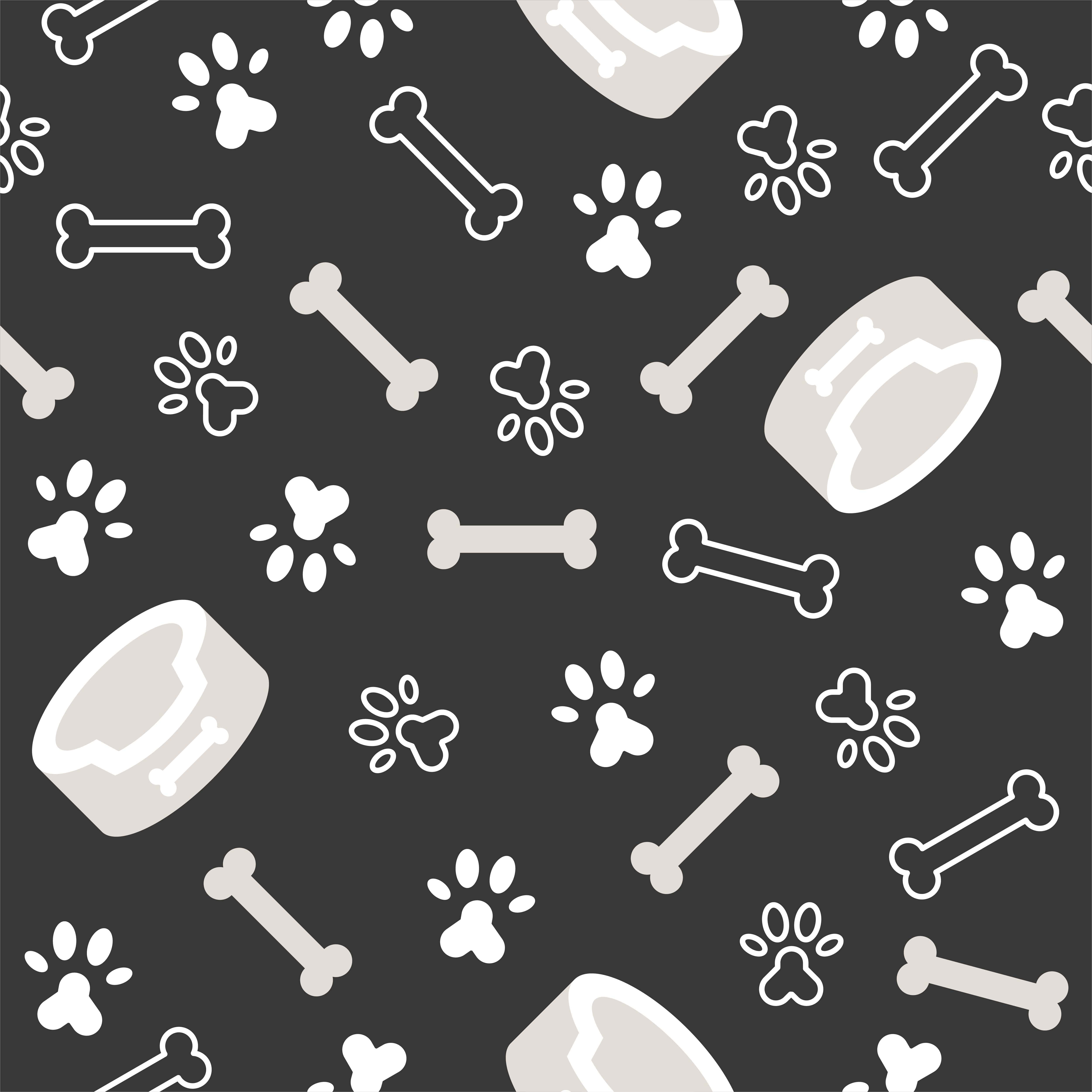 Dog Bone 桌布 壁紙 — 在深灰色背景上重複出現的白色狗骨頭、腳印和碗的圖案。