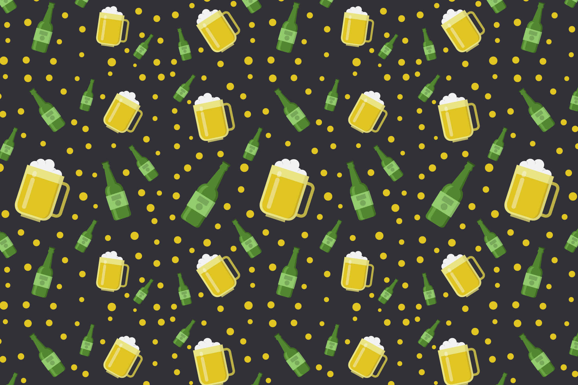Beer Patterns 壁紙 — 在深灰色背景上重複出現的綠色啤酒瓶和帶有泡沫的黃色馬克杯圖案，背景點綴著黃色圓點。