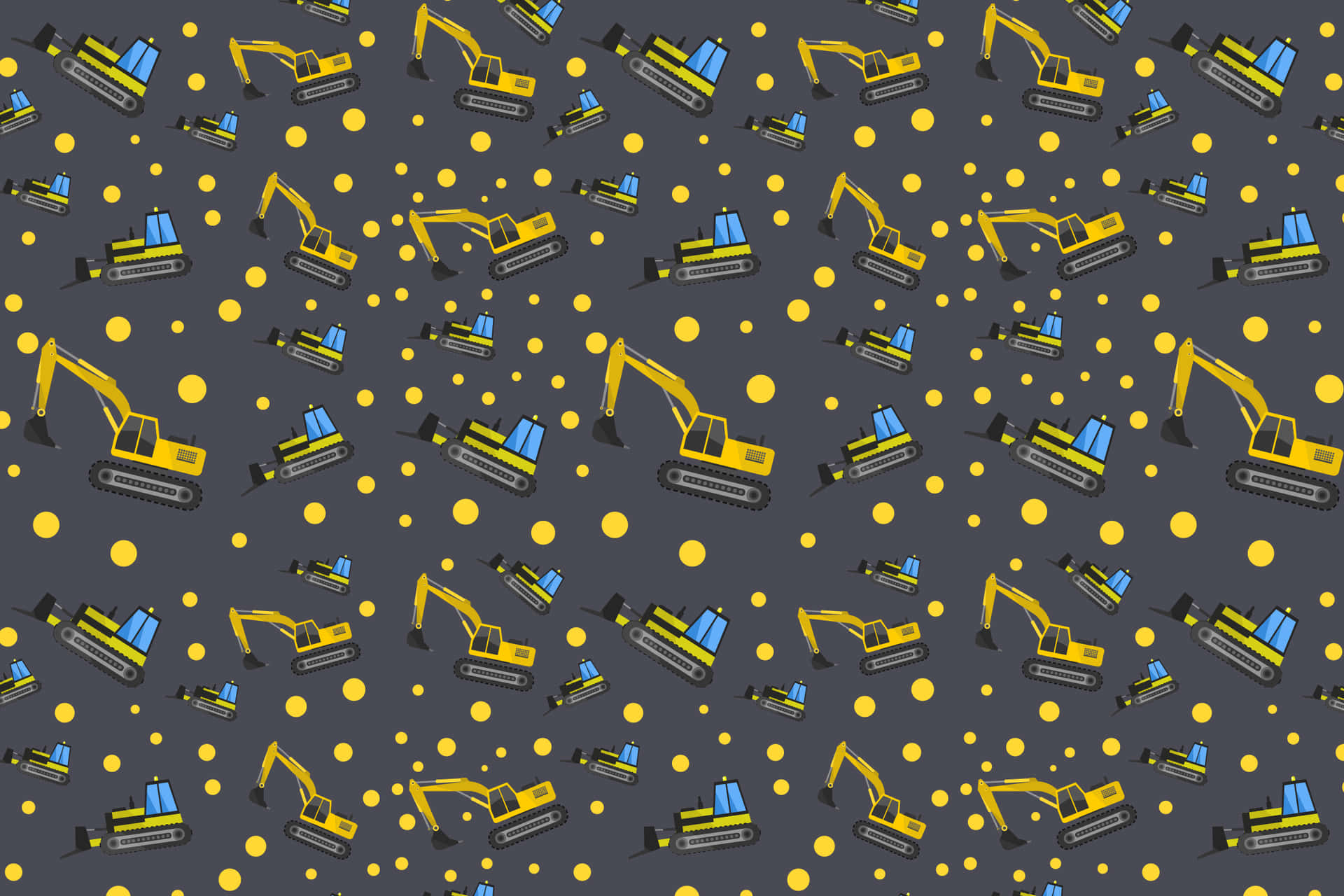 Excavator Patterns 壁紙 — 在深灰色背景上重複出現的黃色挖土機圖案，帶有藍色駕駛室，並點綴著黃色圓圈。