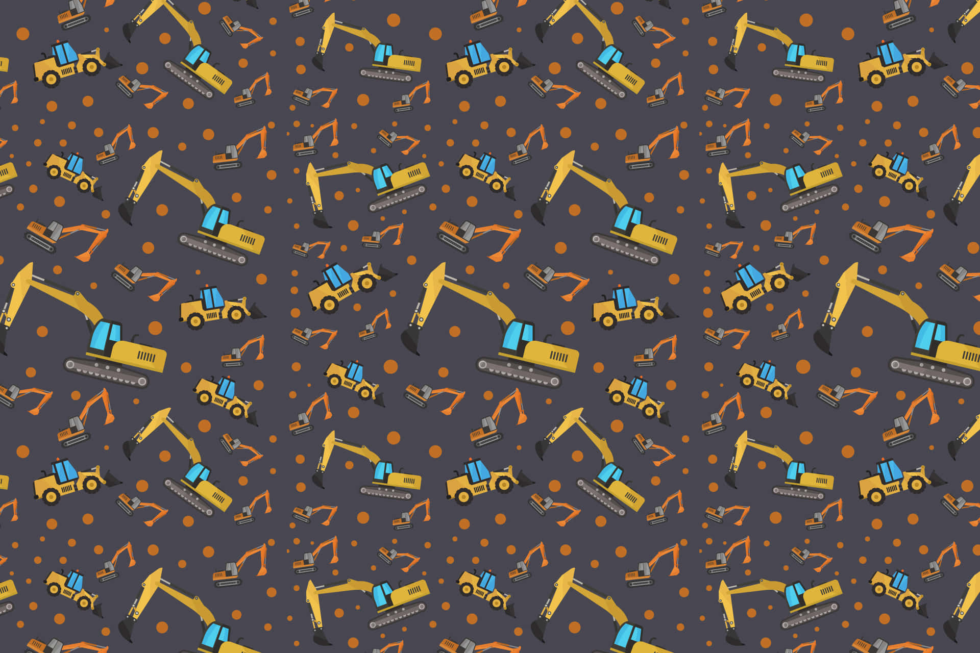 Excavator Patterns 壁紙 — 在深灰色背景上重複的黃色挖掘機和裝載機圖案，點綴著橙色圓圈。