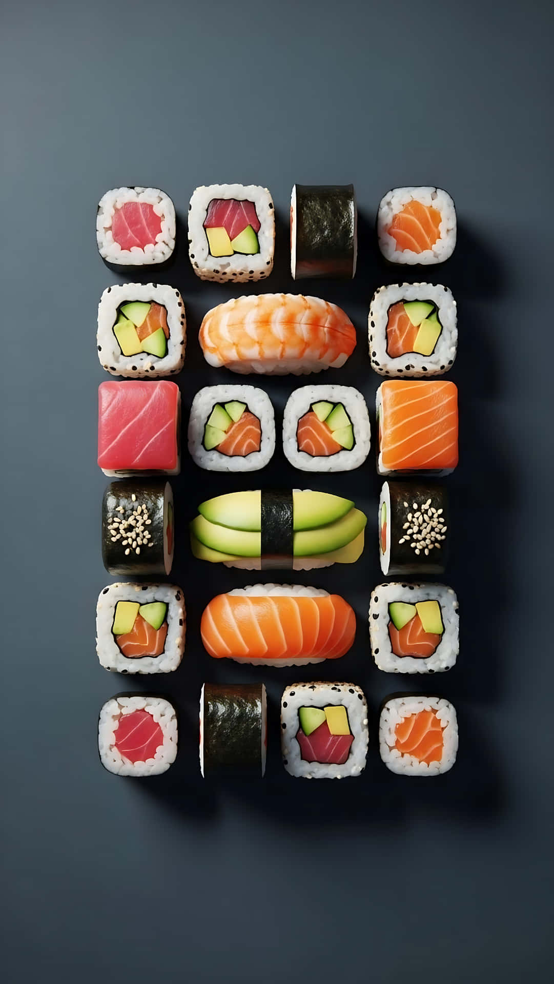 Top View Sushi Platter with Nigiri and Maki Rolls Wallpaper 壁紙 — 在深灰色表面上精心排列的彩色壽司拼盤，包括鮭魚、鮪魚、酪梨和小黃瓜卷。