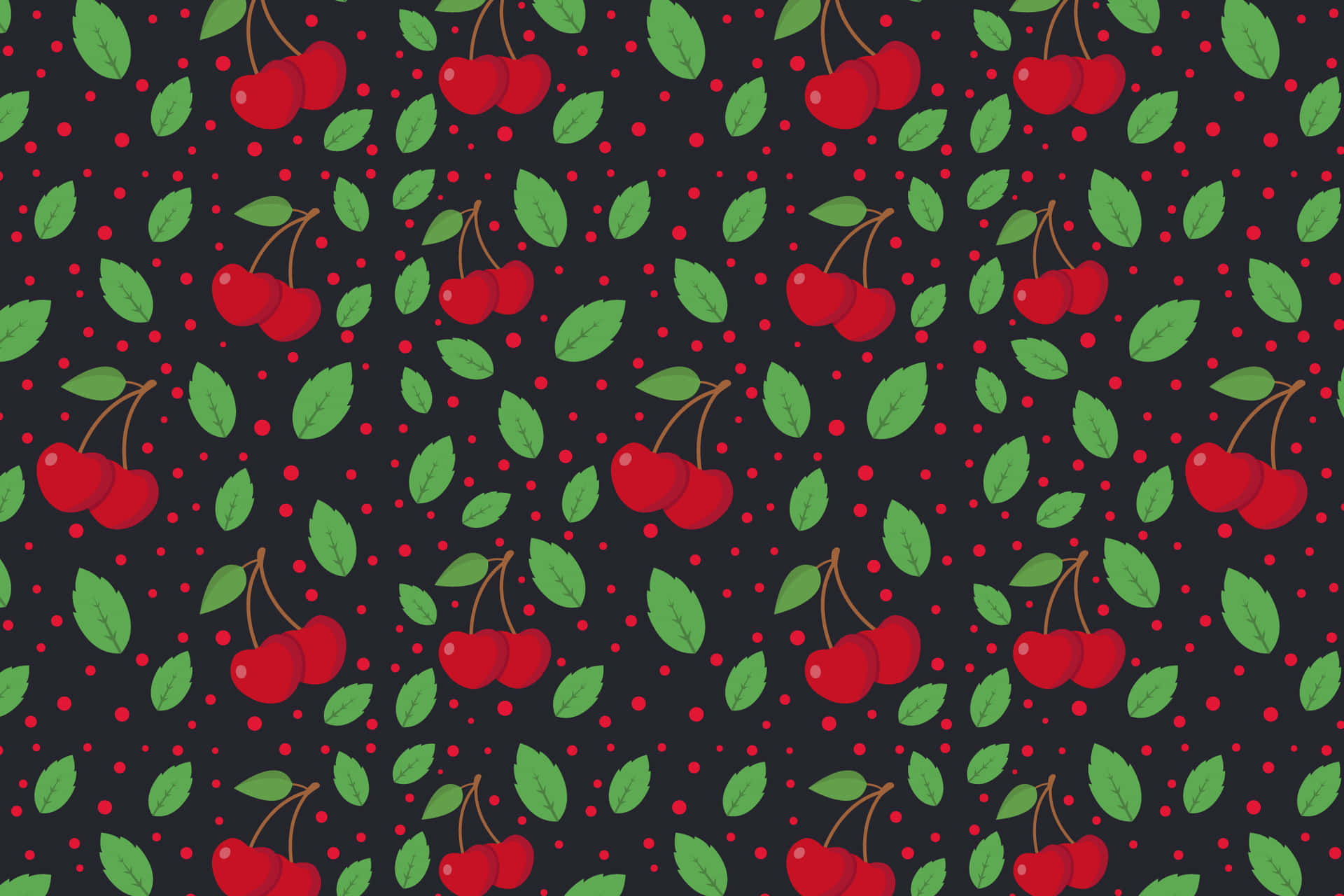 Cherry Pattern 壁紙 — 在深炭色背景上重複出現的鮮紅色櫻桃圖案，搭配綠色葉子和細小紅色圓點。