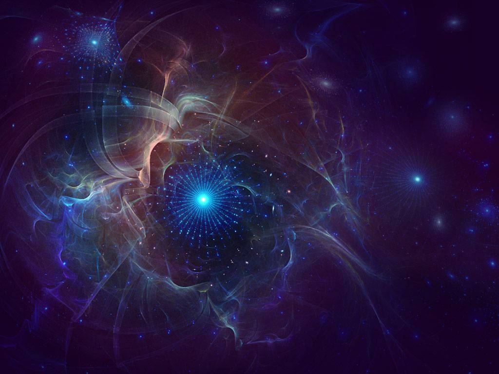 Indigo Aesthetic 桌布 壁紙 — 在深空中，一個宇宙星雲圍繞著一個光芒四射的中心星爆旋轉，散發著發光的藍色和紫色氣體。