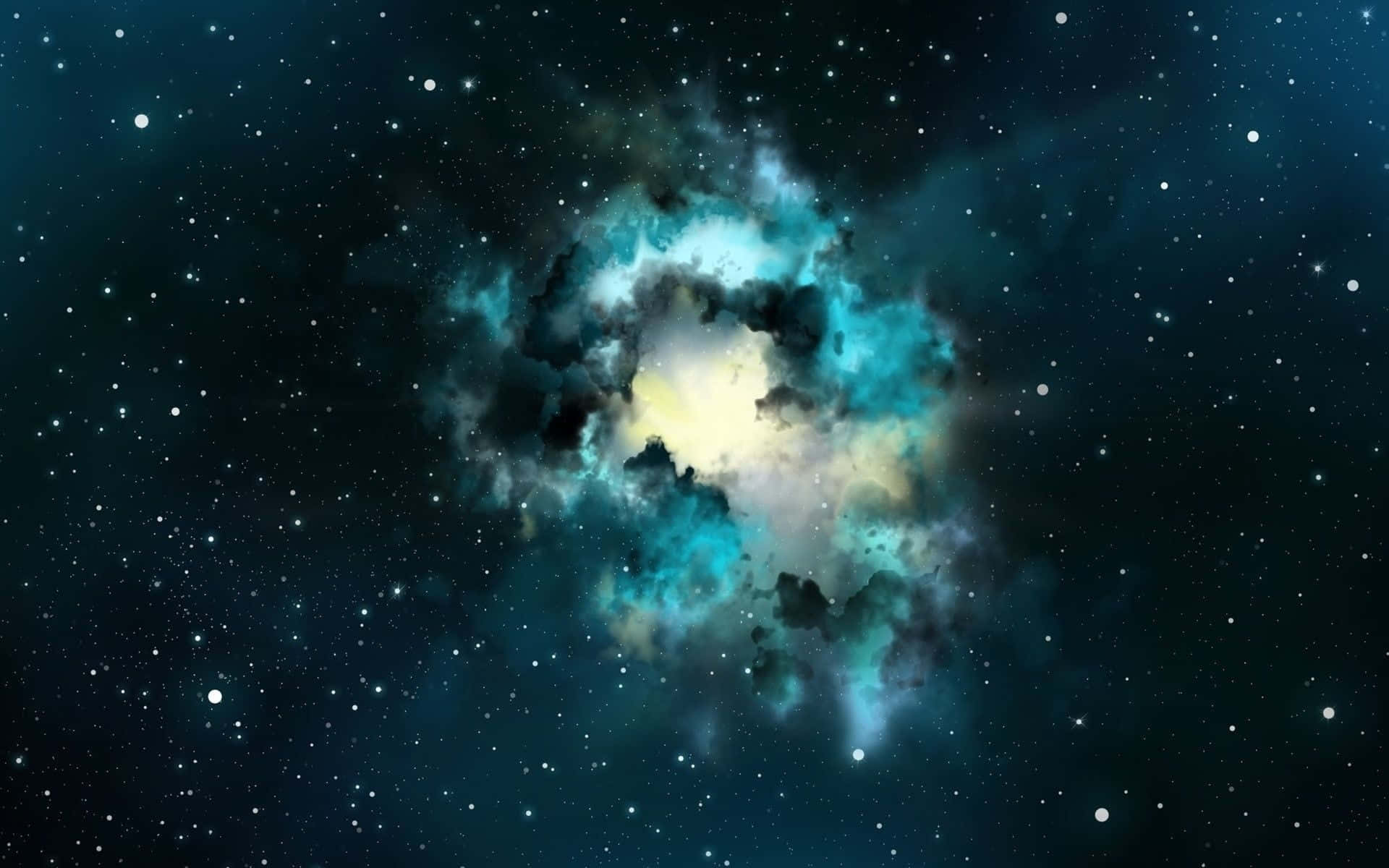 Real Galaxy 桌布 壁紙 — 在深空中，一個發光的青綠色和黃色星雲在星場中旋轉。