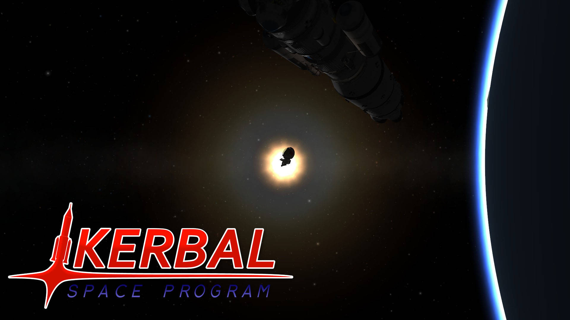 Program 桌布 壁紙 — 在深空中，一艘Kerbal太空船在行星彎曲地平線附近的一顆發光恆星映襯下呈現剪影。