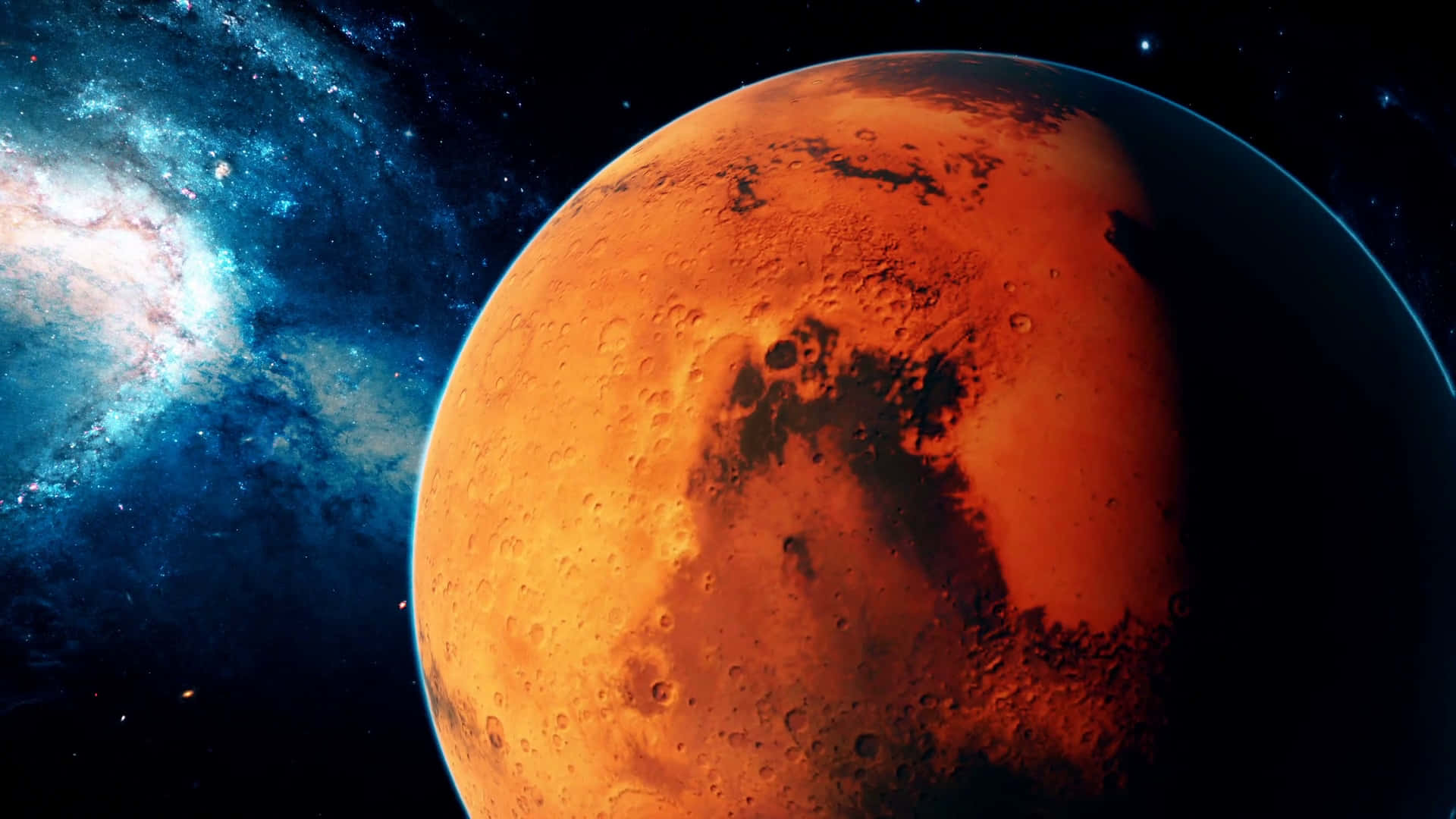 行星動畫 桌布 壁紙 — 在深空中，火星在旋轉的藍色星系背景下發出橙色光芒的生動景象。