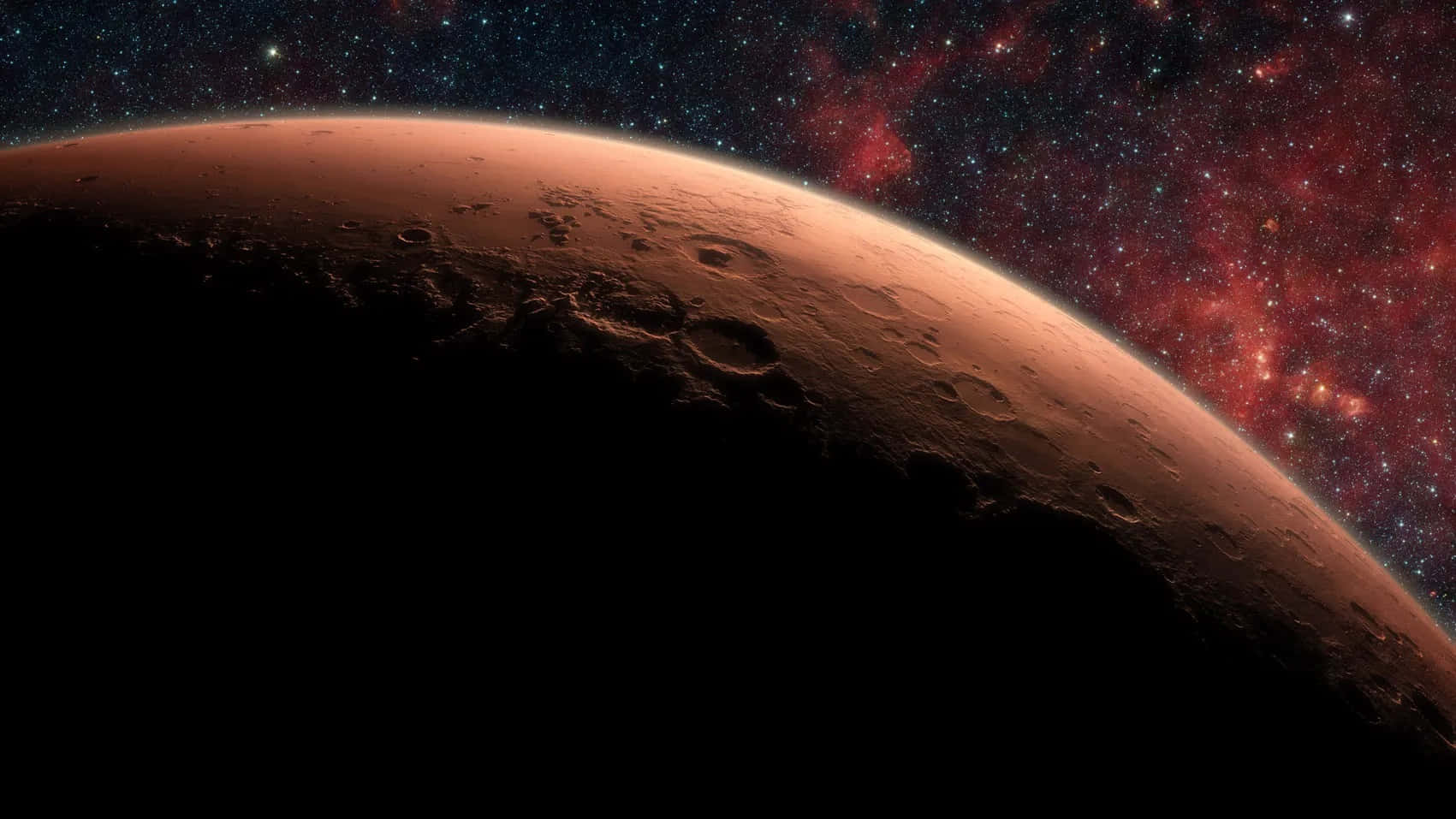 火星 桌布 壁紙 — 在深空中，火星彎曲在充滿活力的紅色星雲和星場前的壯麗景色。