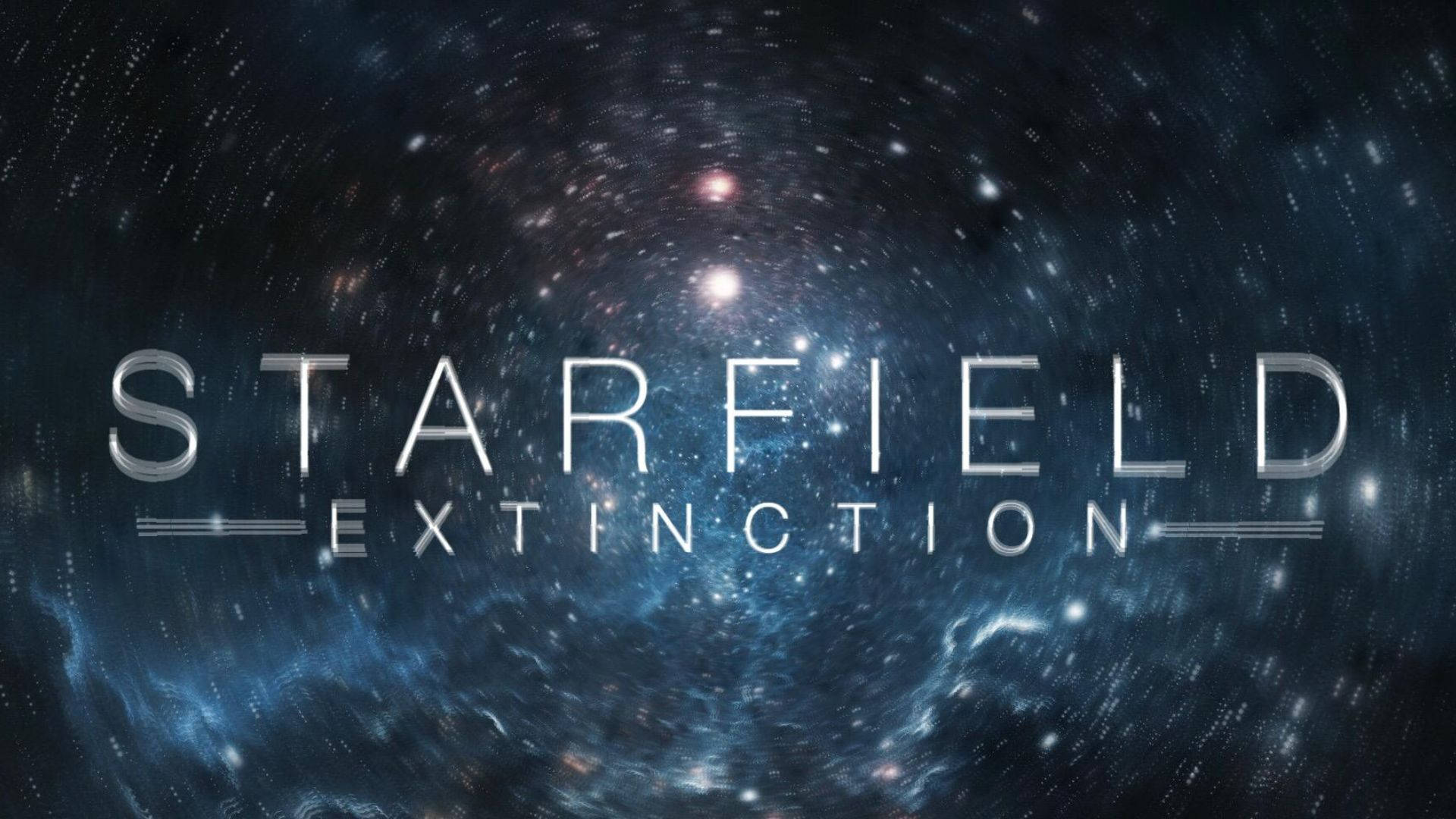 星空 桌布 壁紙 — 在深空場景中，恆星和星雲的宇宙漩渦在金屬標題「STARFIELD EXTINCTION」後面旋轉。