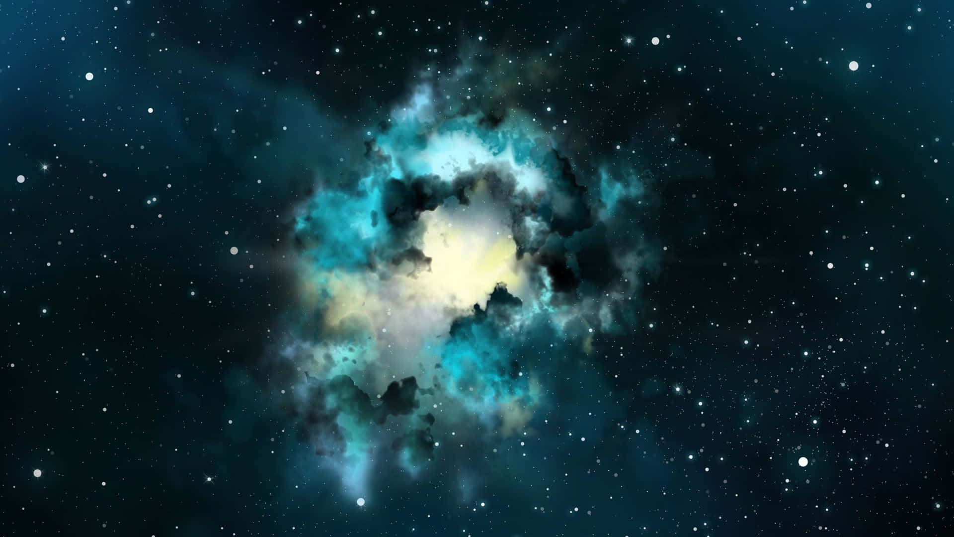 Beautiful Space 桌布 壁紙 — 在深空星場中，一道發光的藍綠色和黃色星雲旋轉著。