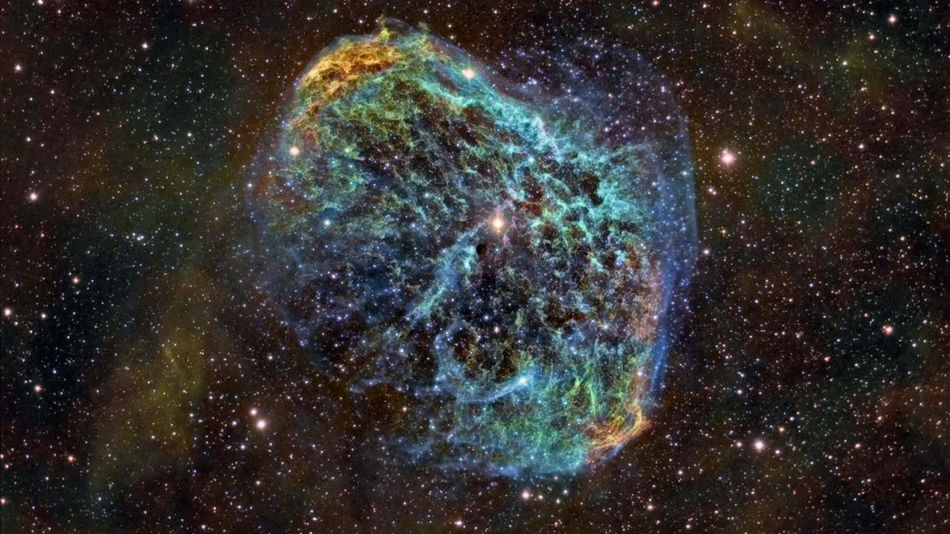 NASA 動態圖片 桌布 壁紙 — 在深空星場中，充滿活力的宇宙星雲，帶有青綠色和金色氣體旋轉。