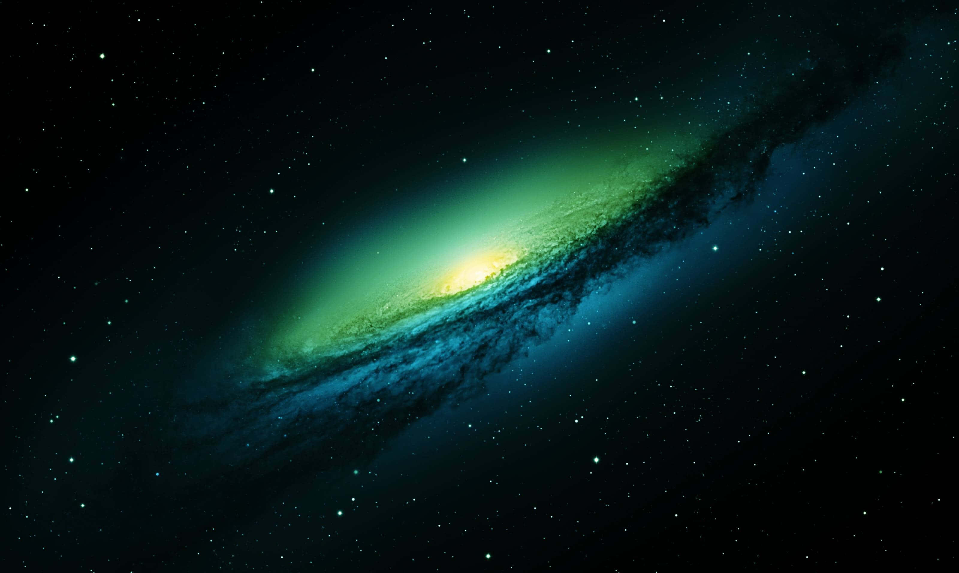 銀河 桌布 壁紙 — 在深空星場背景下，一個發光的螺旋星系閃耀著綠色和藍色色調。