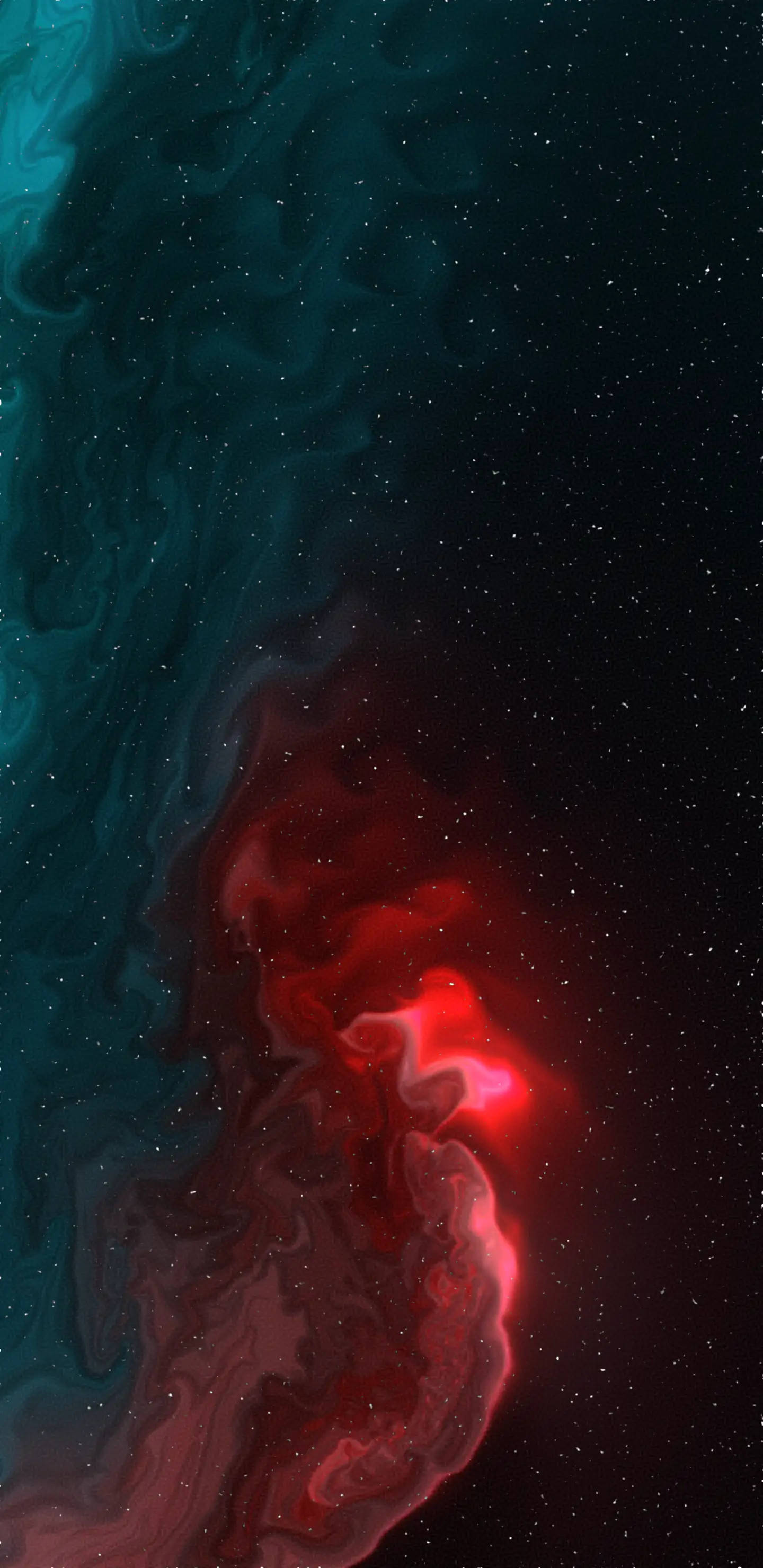 iPhone 桌布 壁紙 — 在深空星場背景下，充滿活力的青色和深紅色宇宙星雲漩渦閃耀。