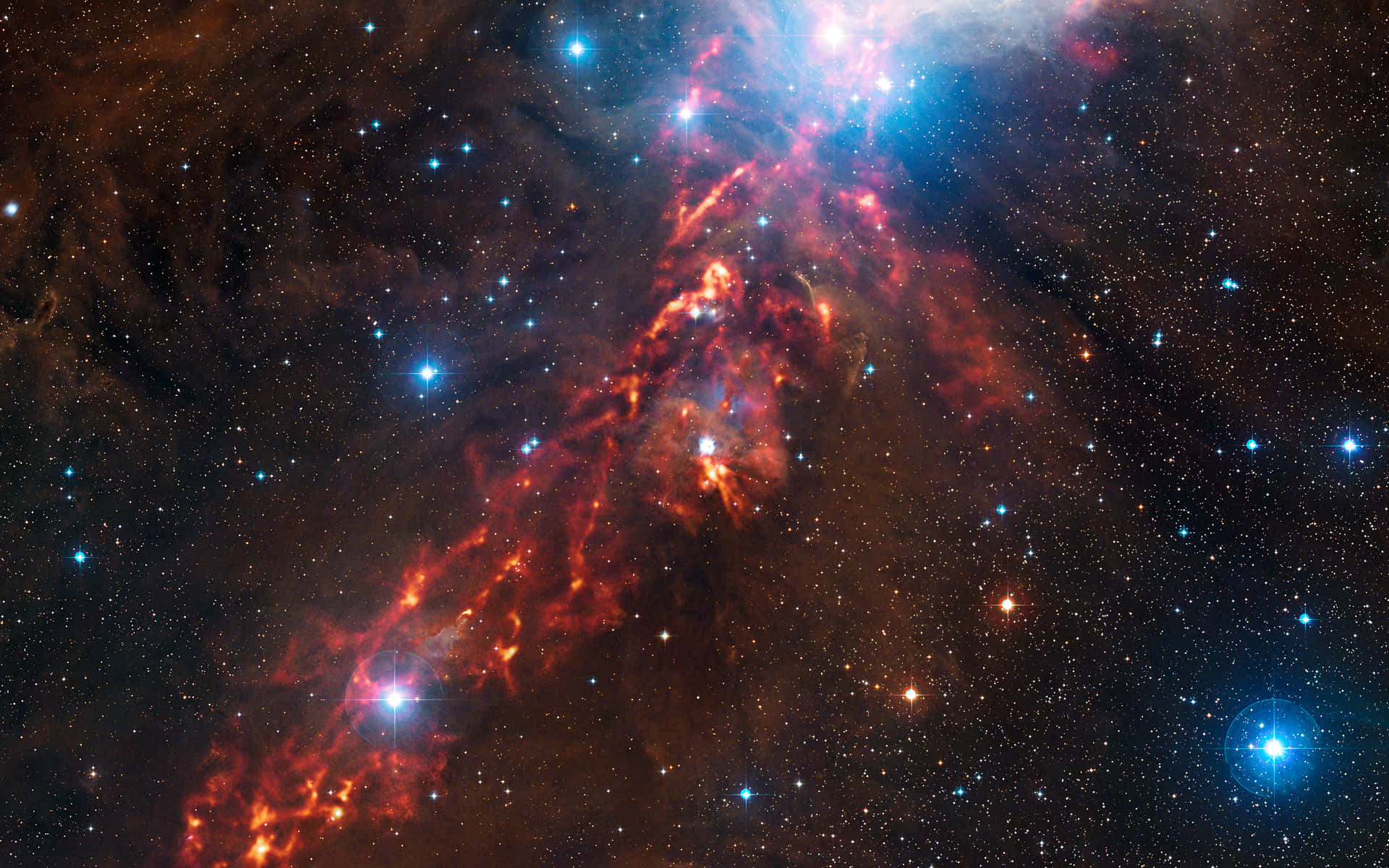 Orion 桌布 壁紙 — 在深空星場背景下，散發紅藍色調的鮮豔宇宙星雲。