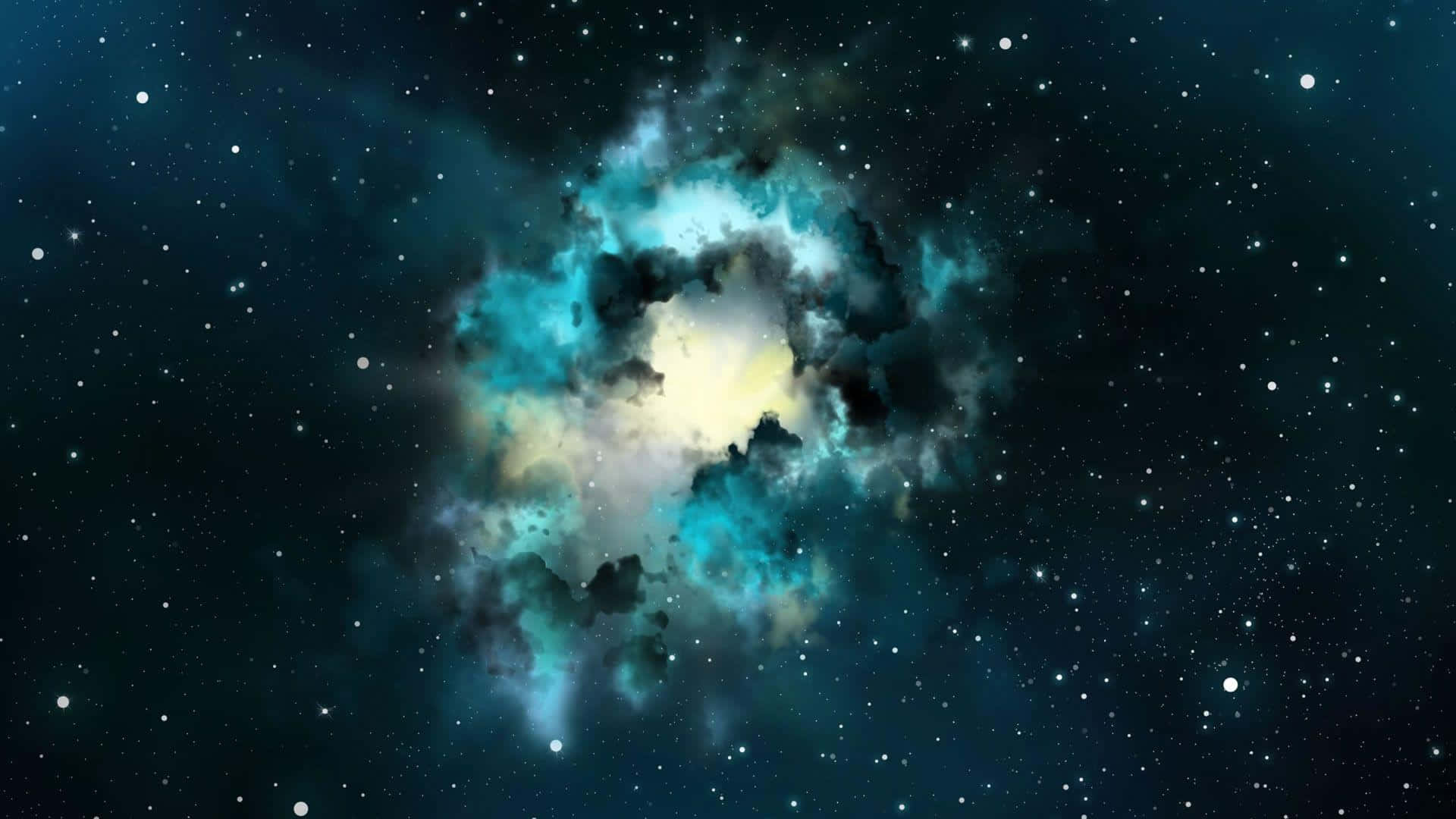 Beautiful Space 桌布 壁紙 — 在深空星場背景下，散發著青綠色和黃色光芒的鮮豔宇宙星雲。