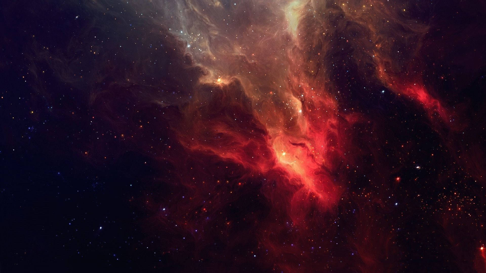 Stars 桌布 壁紙 — 在深空星雲中，充滿活力的紅色和橙色宇宙雲在無數恆星之間旋轉。