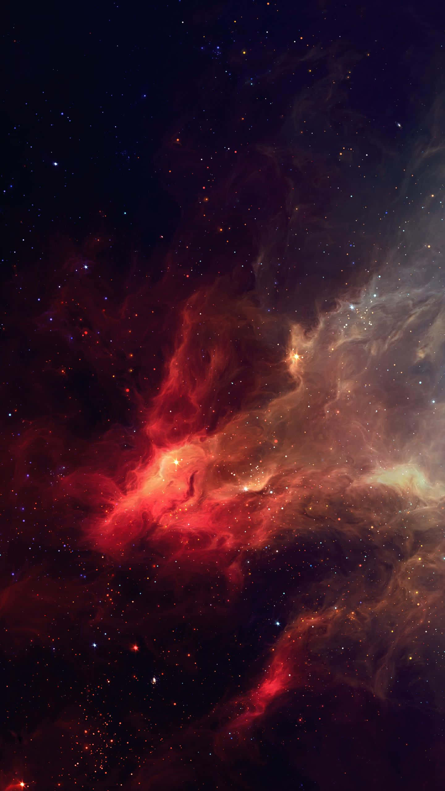 太空電話 桌布 壁紙 — 在深空星雲中，充滿活力的紅色和橙色宇宙雲團在無數恆星之間旋轉。