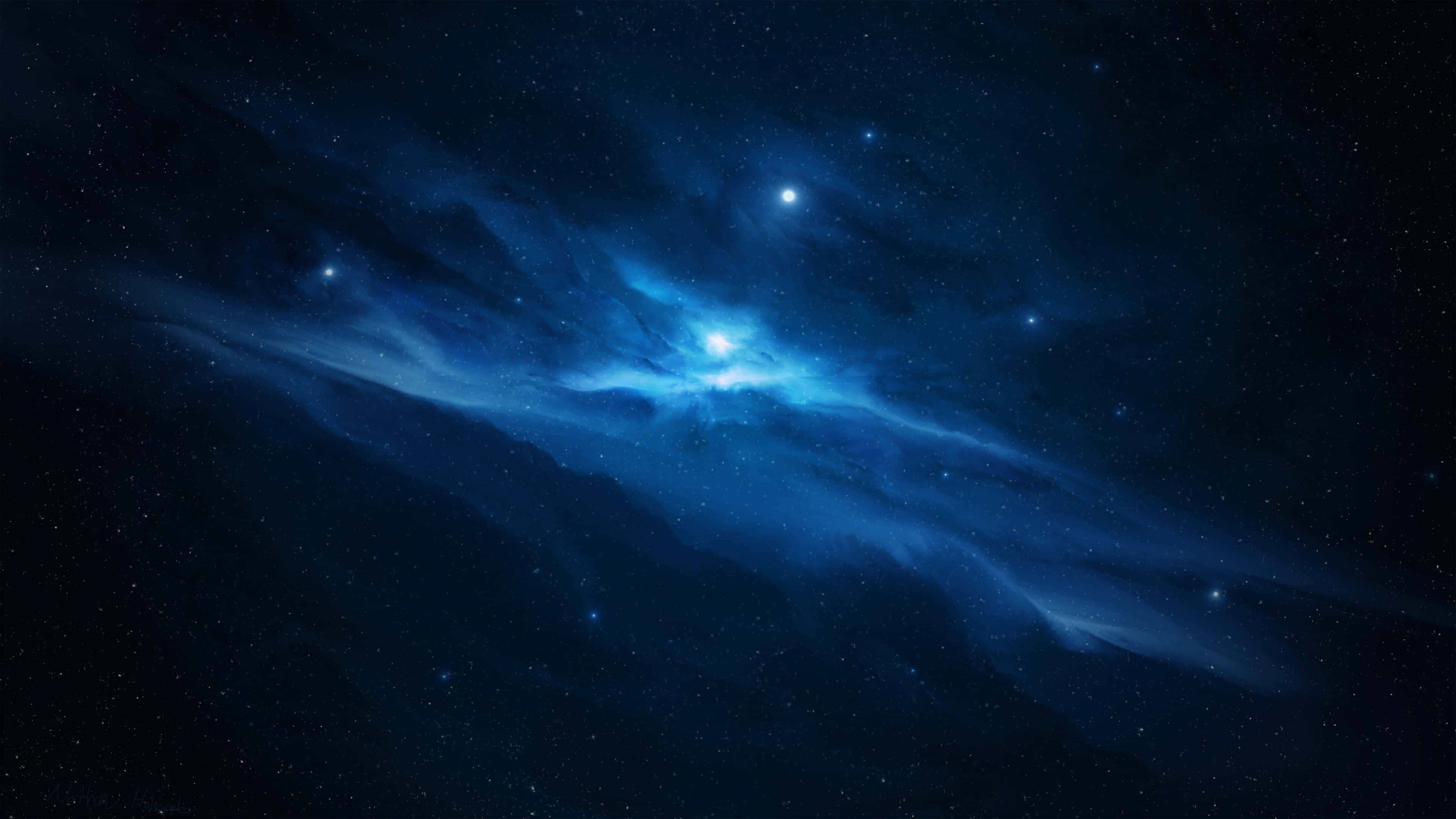 4K 太空 桌布 壁紙 — 在深空的星場中，一顆明亮的藍色星雲發光，伴隨著旋轉的宇宙雲和散落的星星。