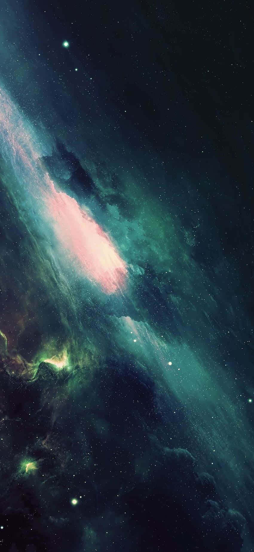 Green Galaxy 桌布 壁紙 — 在深空的星場背景下，宇宙星雲旋轉著青色和粉紅色的氣體雲。