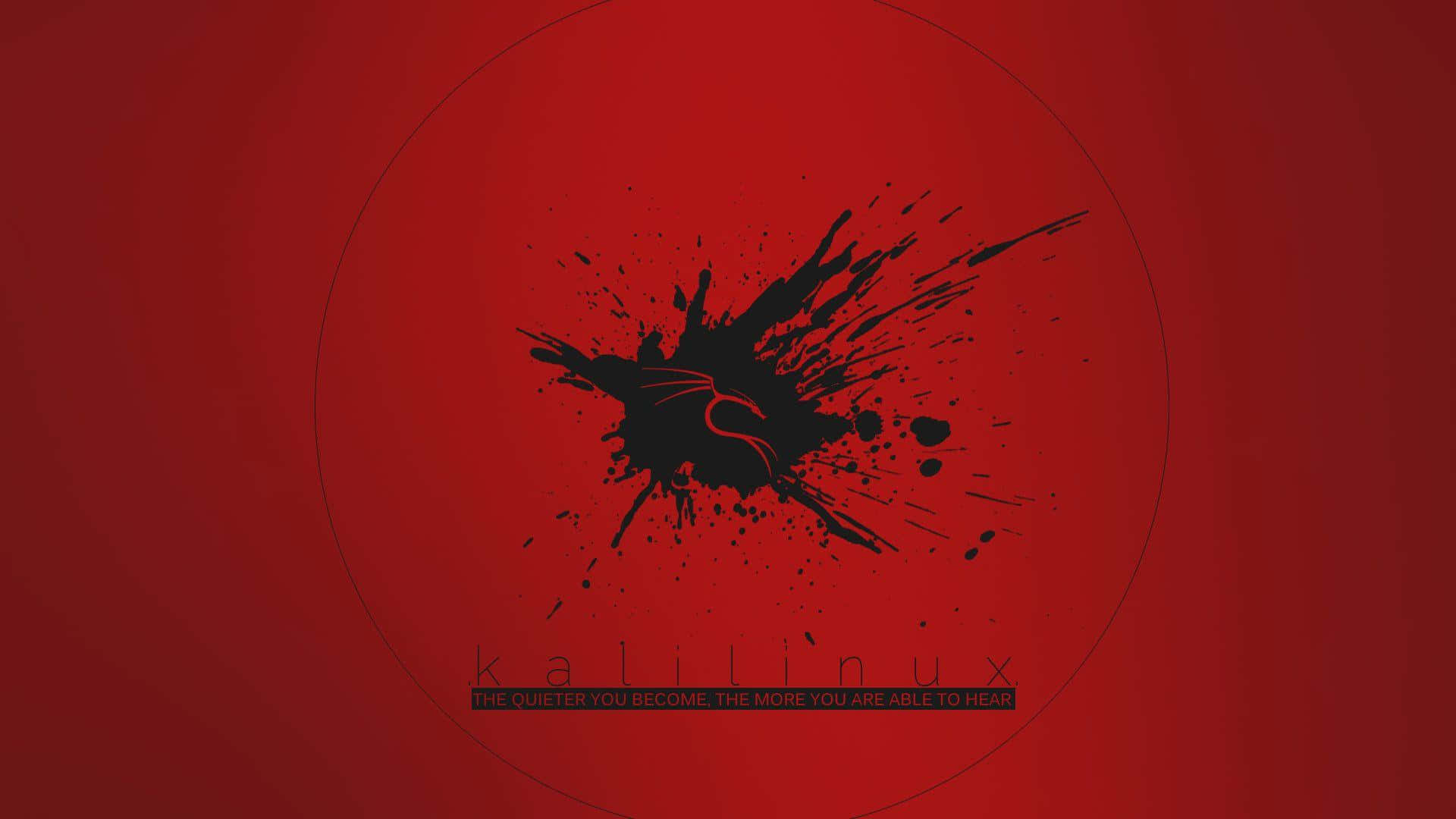 Kali Linux 桌布 壁紙 — 在深紅色漸變背景上，一個粗體黑色墨水飛濺居中於一個薄圓圈內，下方有 'kalilinux' 文字。