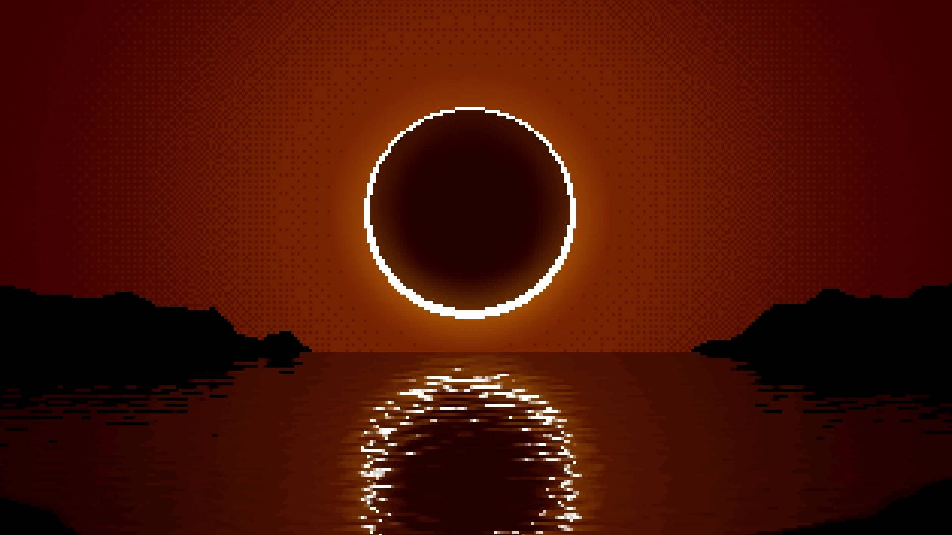 Eclipse 桌布 壁紙 — 在深紅色的天空下，一個像素化的日環食在平靜的湖面上閃耀，湖岸呈現黑暗的剪影。