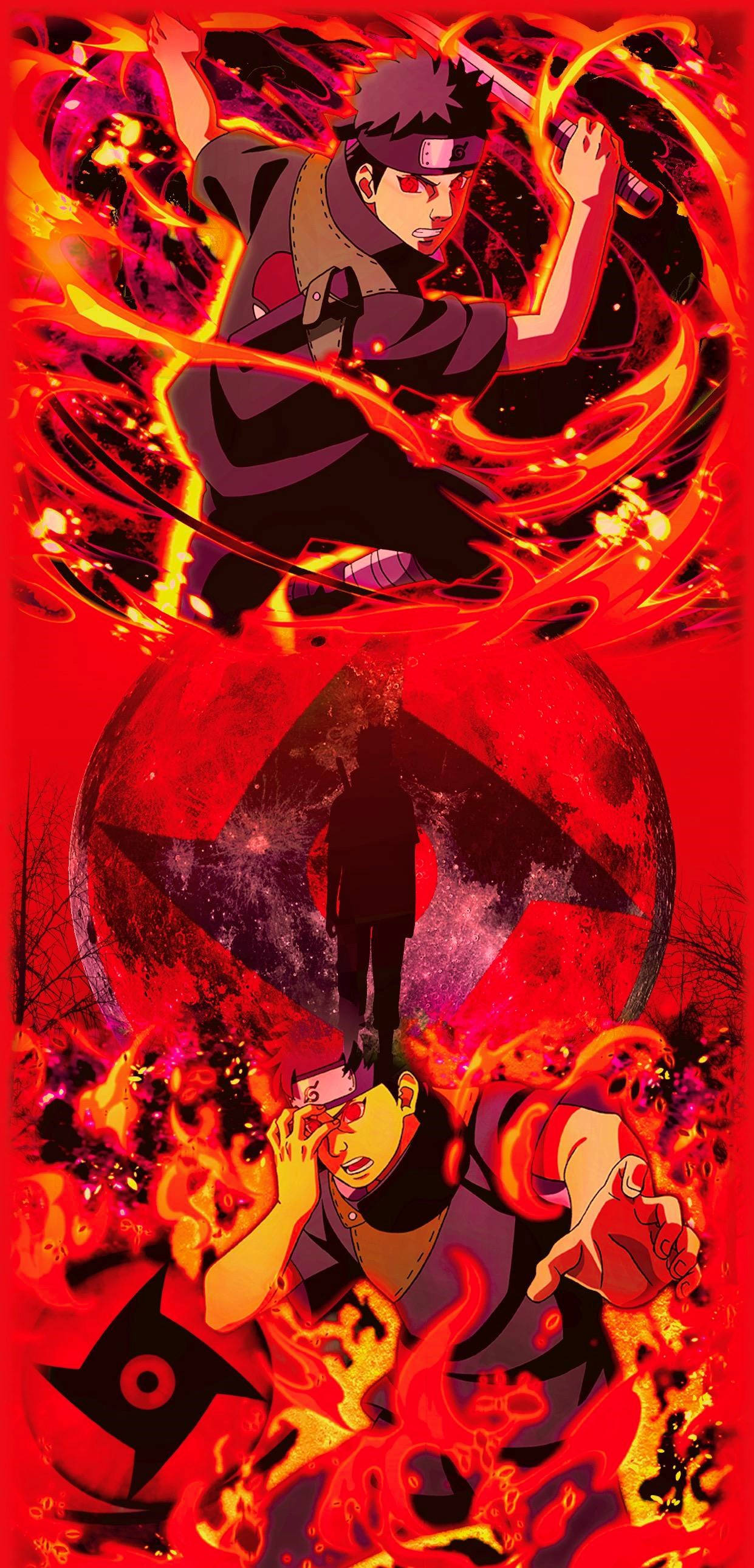 Shisui 桌布 壁紙 — 在深紅色背景上，一個動漫戰士在充滿火焰和符號的動態戰鬥場景中釋放出熾熱的查克拉。