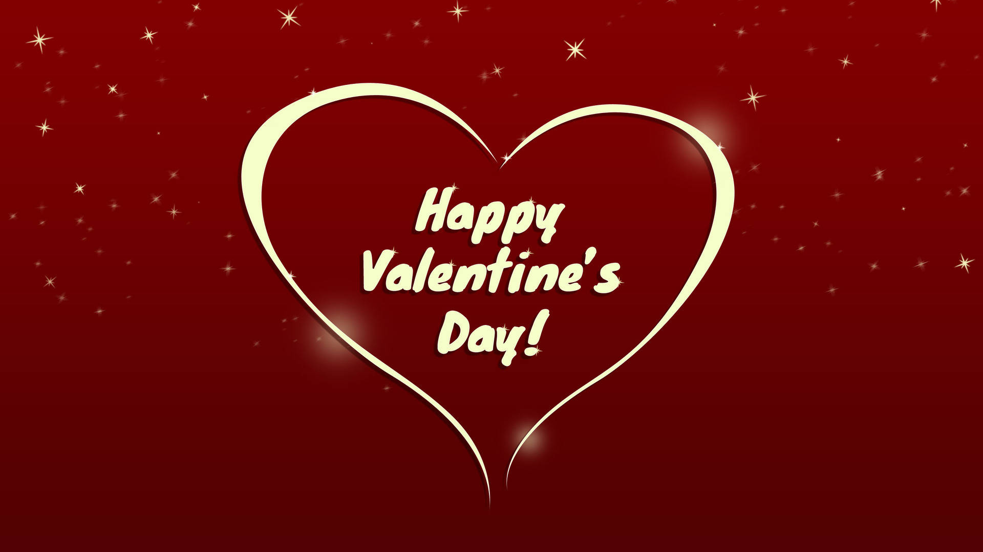 Valentines 桌布 壁紙 — 在深紅色背景上，一個發光的白色心形輪廓閃爍著金色星星，並包含文字 Happy Valentine's Day。