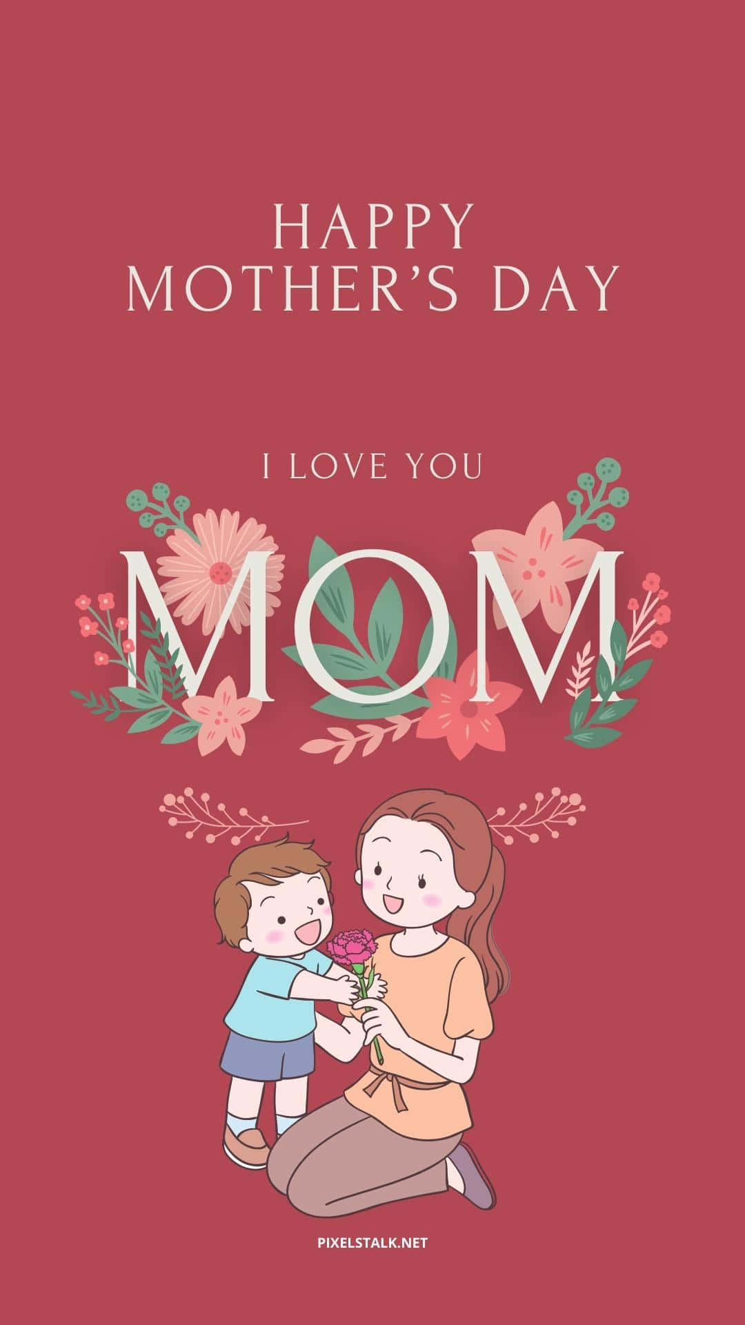 mother 桌布 壁紙 — 在深紅色背景上，孩子向跪著的母親獻上一朵粉紅玫瑰，周圍有花卉裝飾和「Happy Mother's Day」文字。