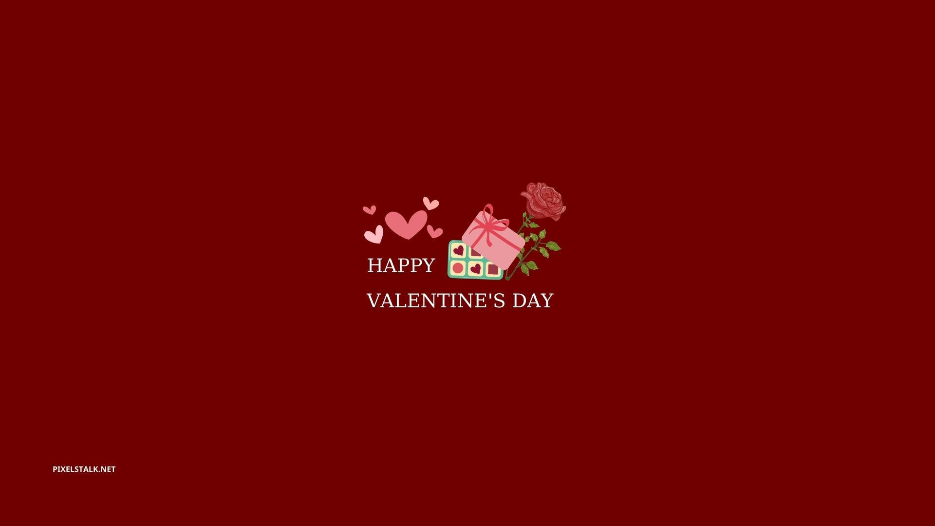 Valentines 桌布 壁紙 — 在深紅色背景上，帶有粉紅色禮物盒、玫瑰和心形的節日情人節問候。