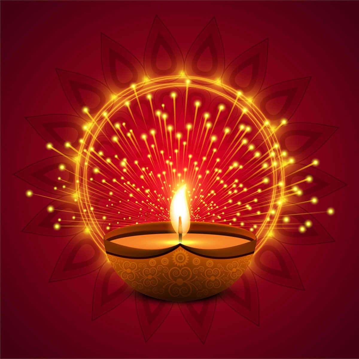 Happy Diwali 桌布 壁紙 — 在深紅色花卉圖案背景上，發光的迪亞蠟燭散發出金色火花，形成燦爛的圓形爆發。