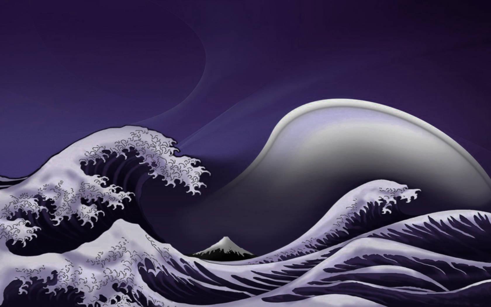 日式海浪 桌布 壁紙 — 在深紫色天空下，遠方富士山的風格化數位波浪。