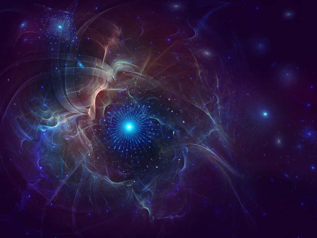 Celestial 桌布 壁紙 — 在深紫色星空的背景下，旋轉的宇宙星雲中，一個發光的藍色星爆核心在脈動。