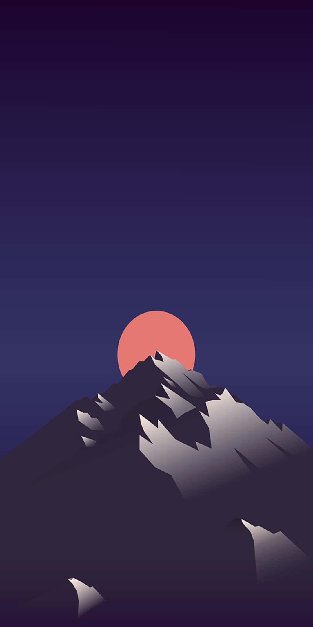 Pixel 3 Minimal 桌布 壁紙 — 在深紫色暮色天空下，一個極簡的山脈剪影在發光的橙色太陽下聳立。