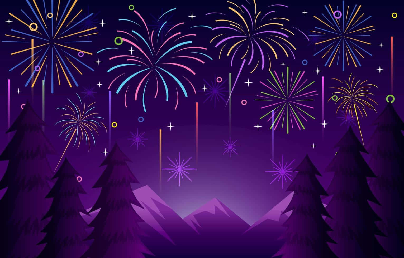 Fireworks 桌布 壁紙 — 在深紫色的夜空中，煙火在松樹剪影和遠山之上綻放。