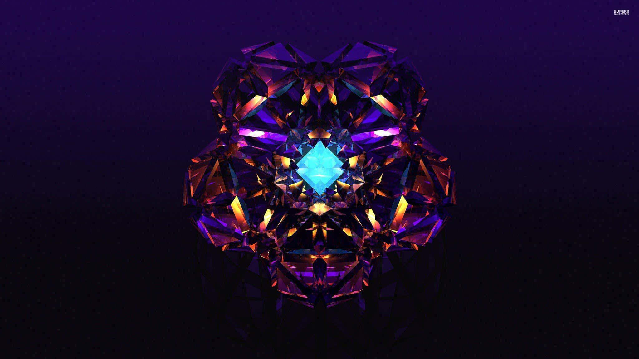 2048x1152 桌布 壁紙 — 在深紫色背景上，一個放射狀的幾何晶體結構散發出充滿活力的紫色和金色色調。