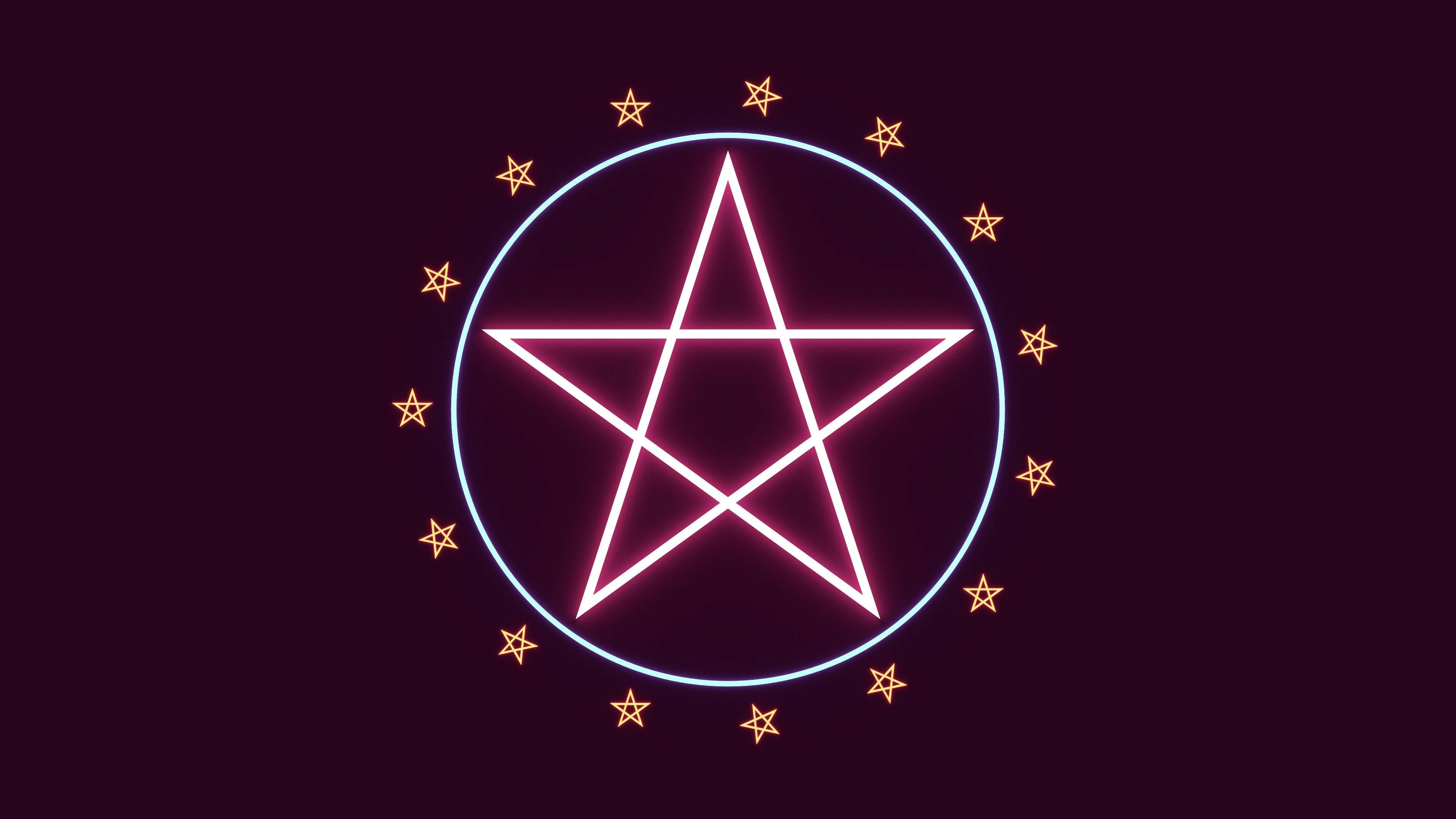 五芒星 桌布 壁紙 — 在深紫色背景上，一個發光的粉紅色五角星位於圓圈內，周圍環繞著小星星。